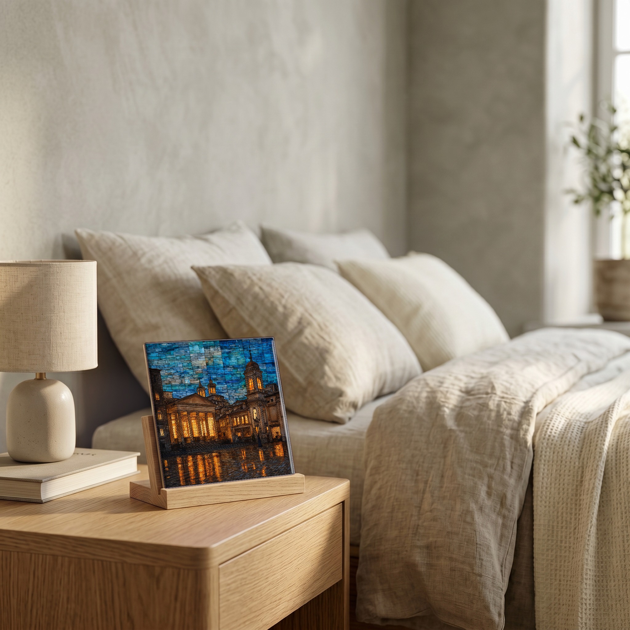 On the nightstand, on a light oak stand.