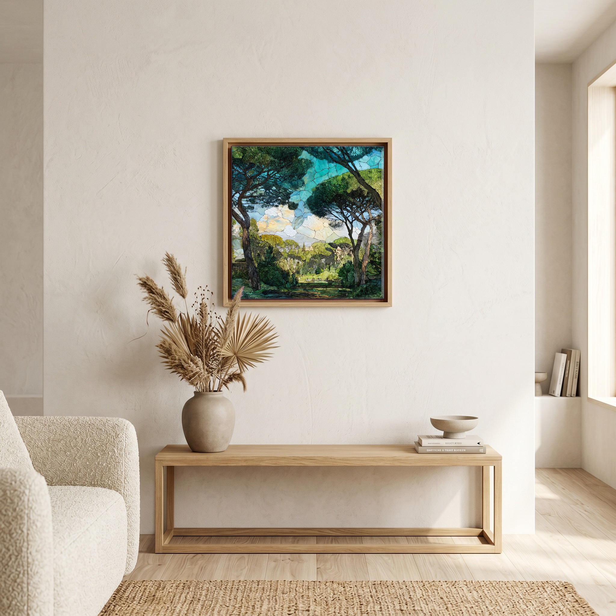 Above the bench, in a warm oak surround.