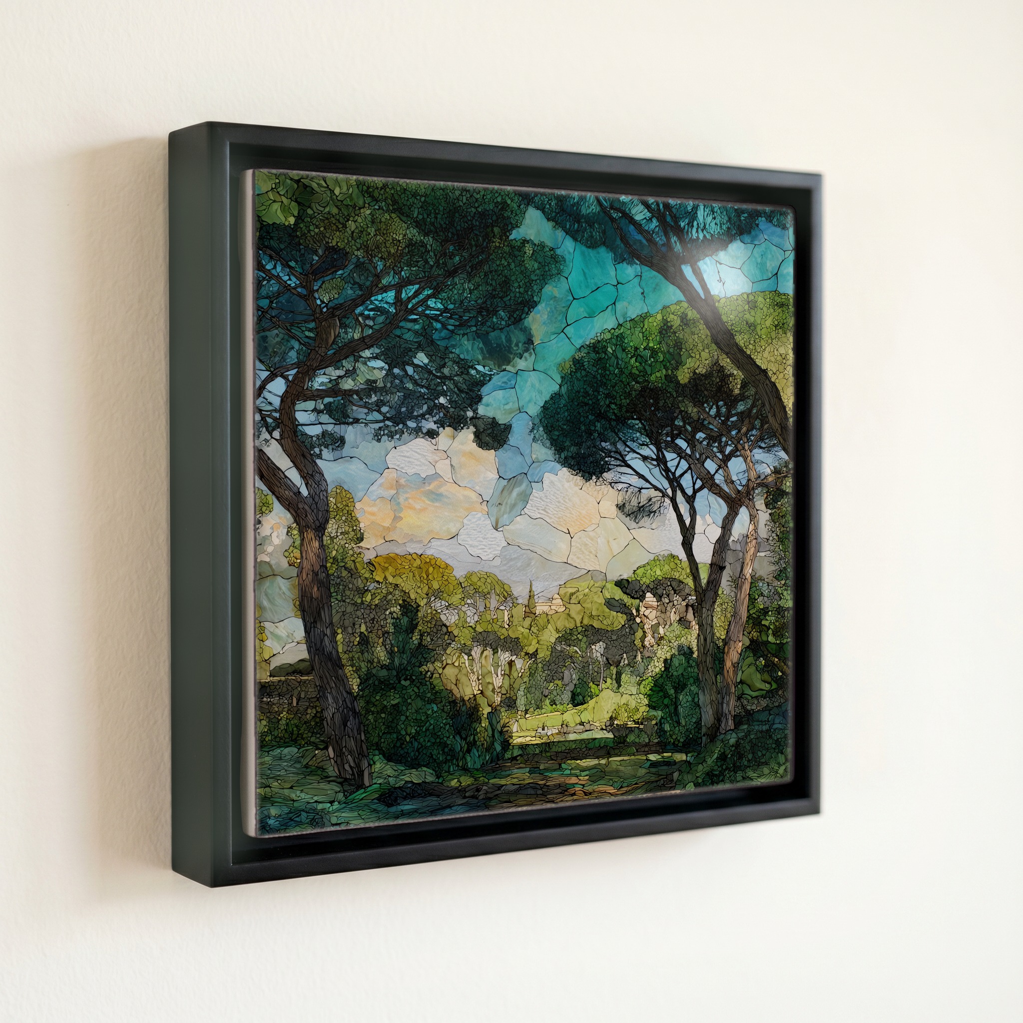 shown in a slim black floating frame · 6 × 6 in