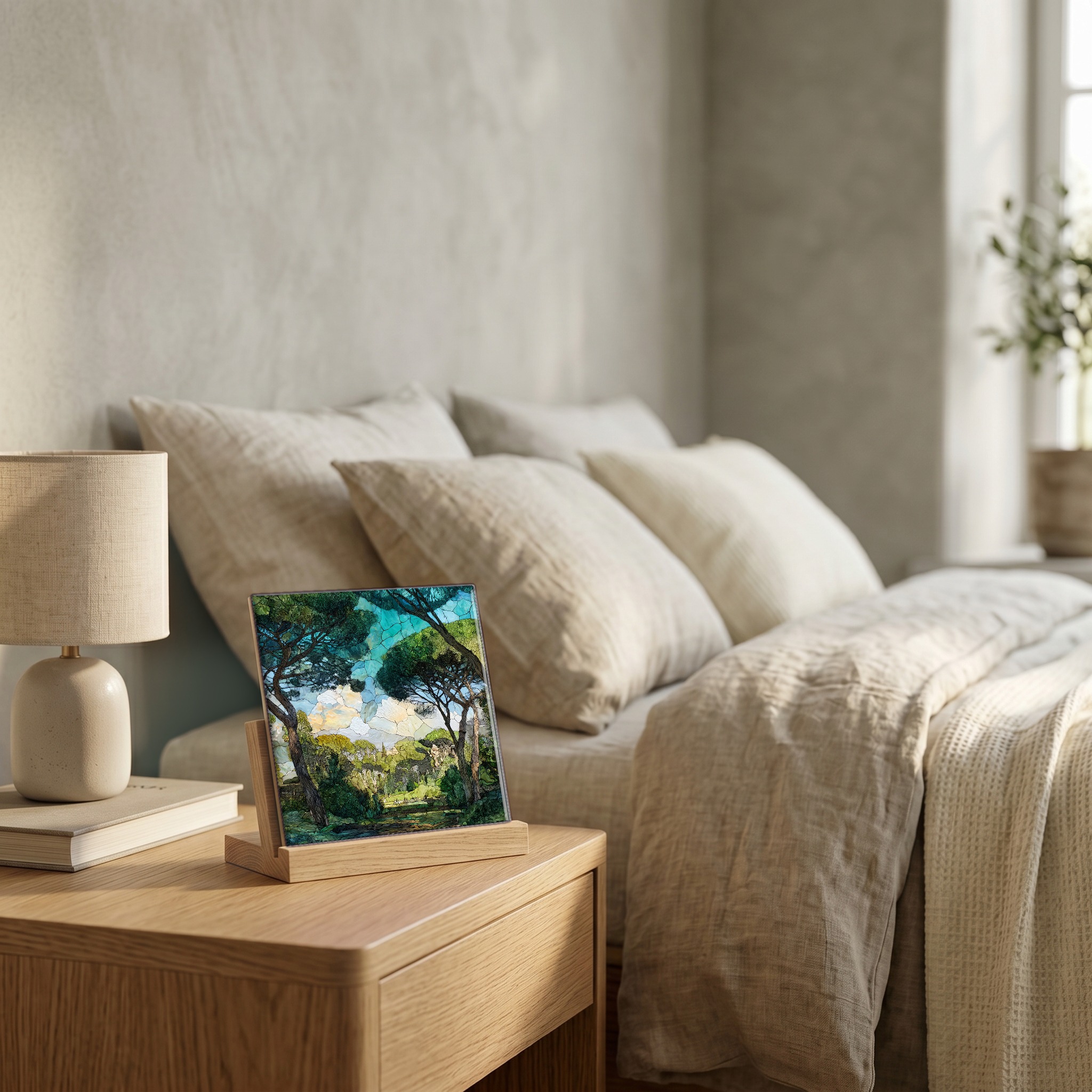 On the nightstand, on a light oak stand.