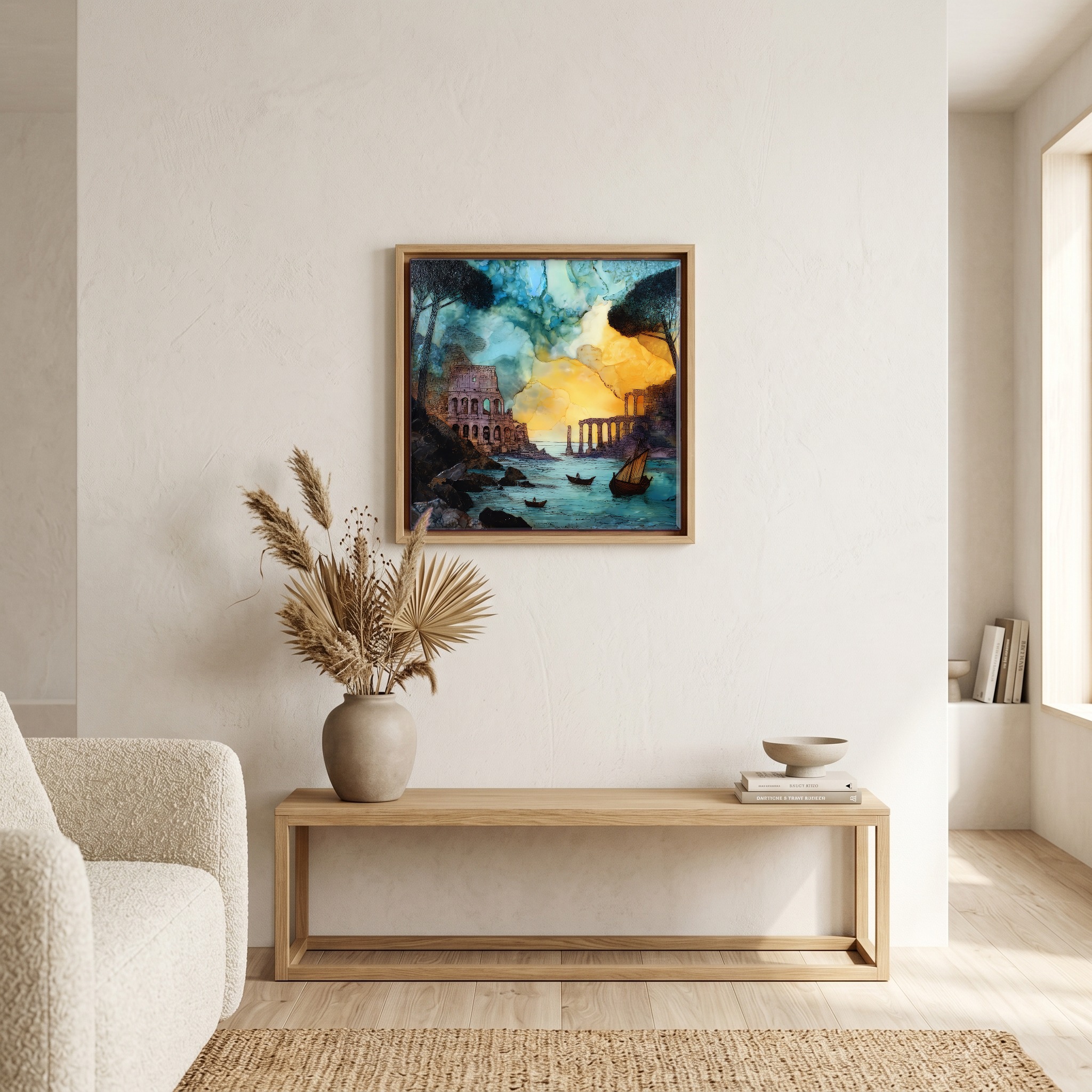 Above the bench, in a warm oak surround.