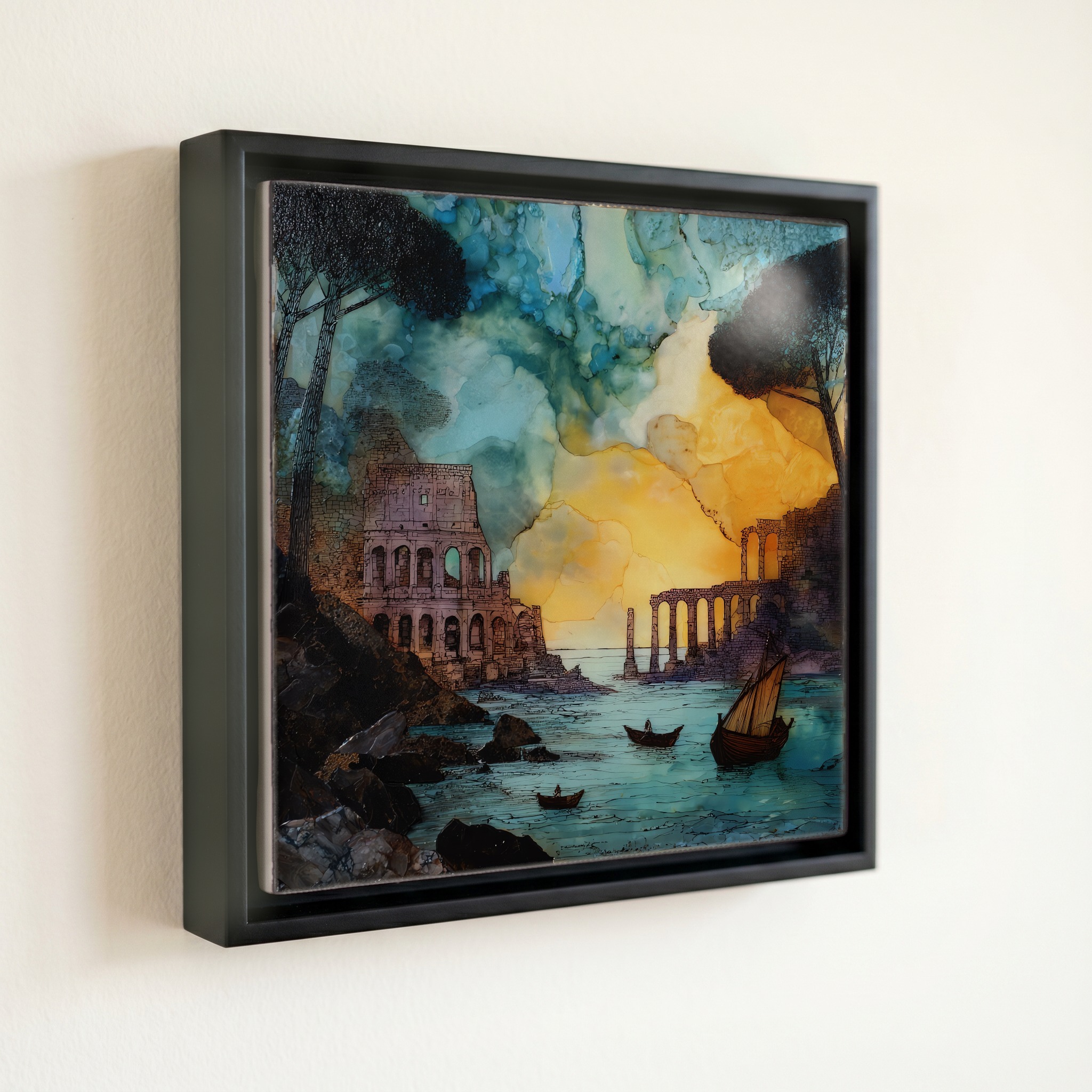 shown in a slim black floating frame · 6 × 6 in