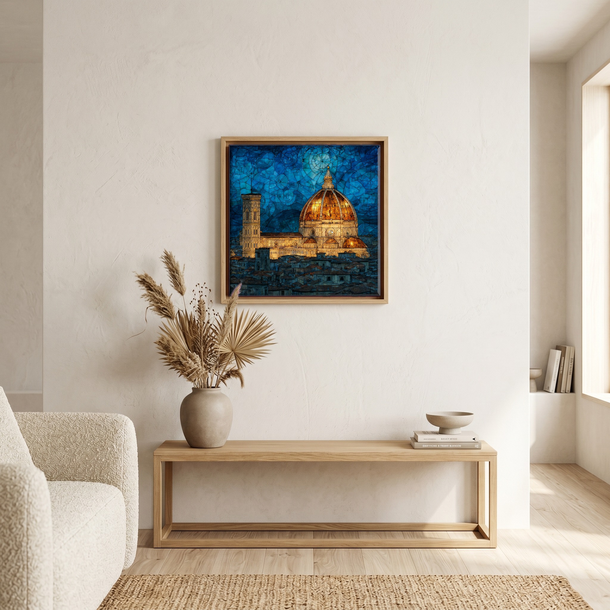 Above the bench, in a warm oak surround.