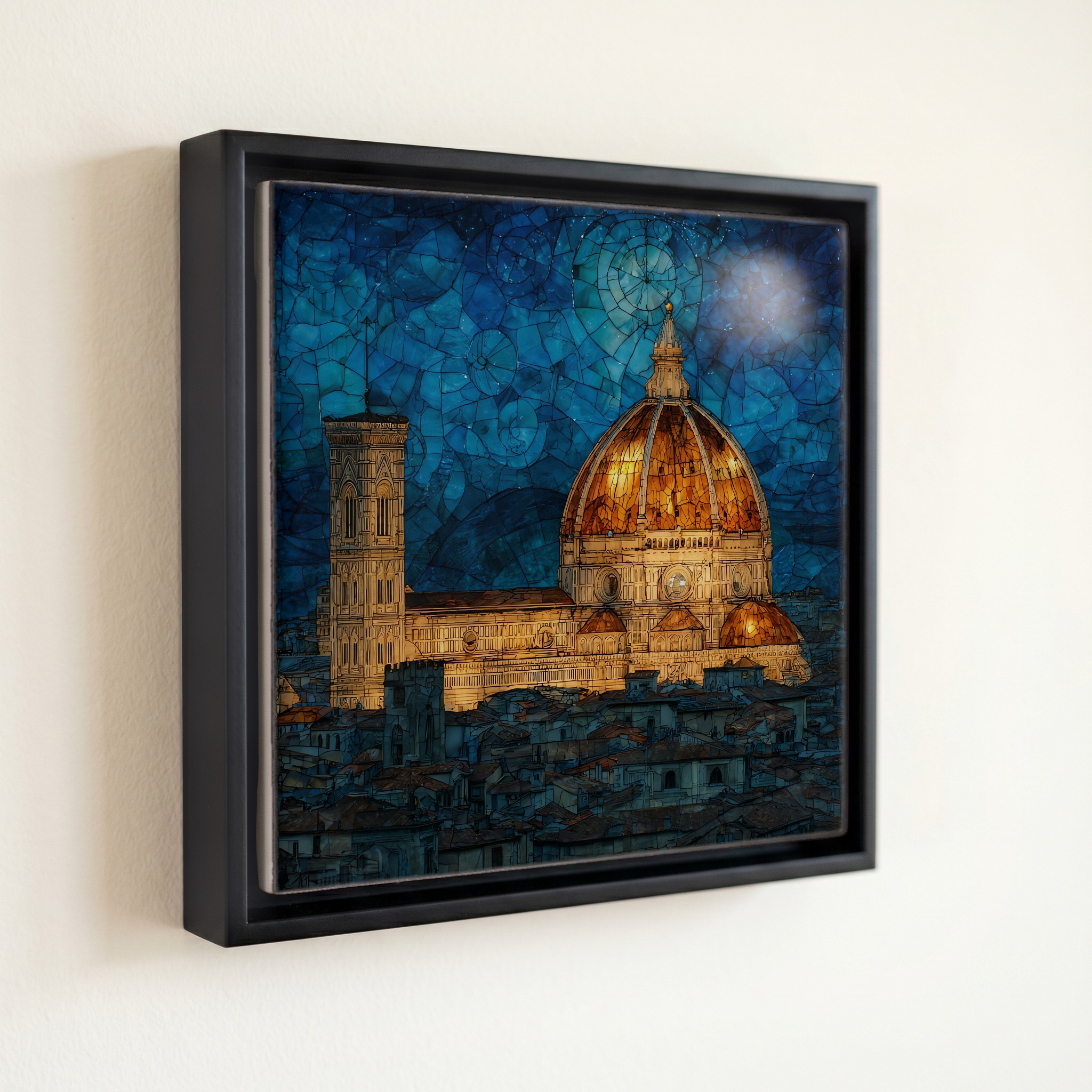shown in a slim black floating frame · 6 × 6 in