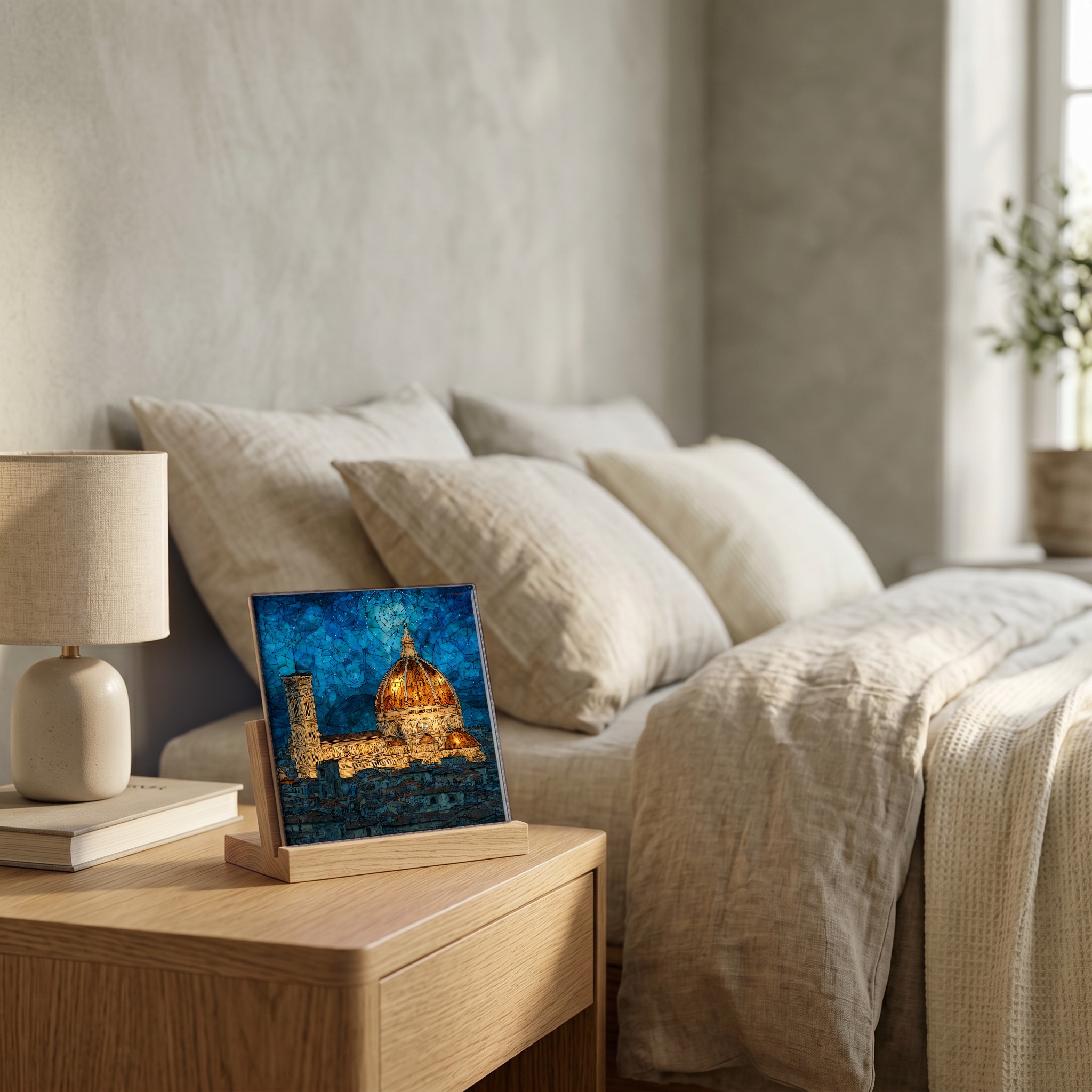 On the nightstand, on a light oak stand.