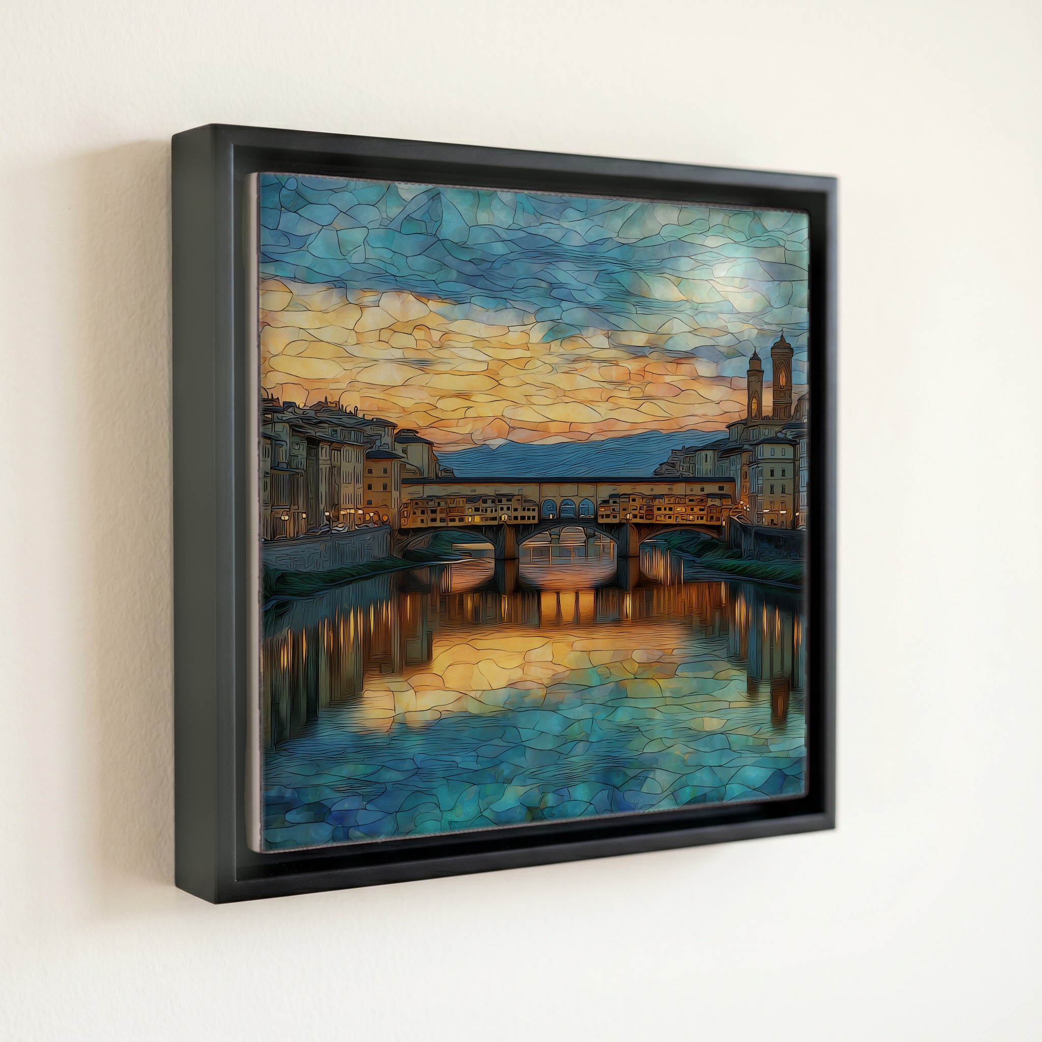 shown in a slim black floating frame · 6 × 6 in