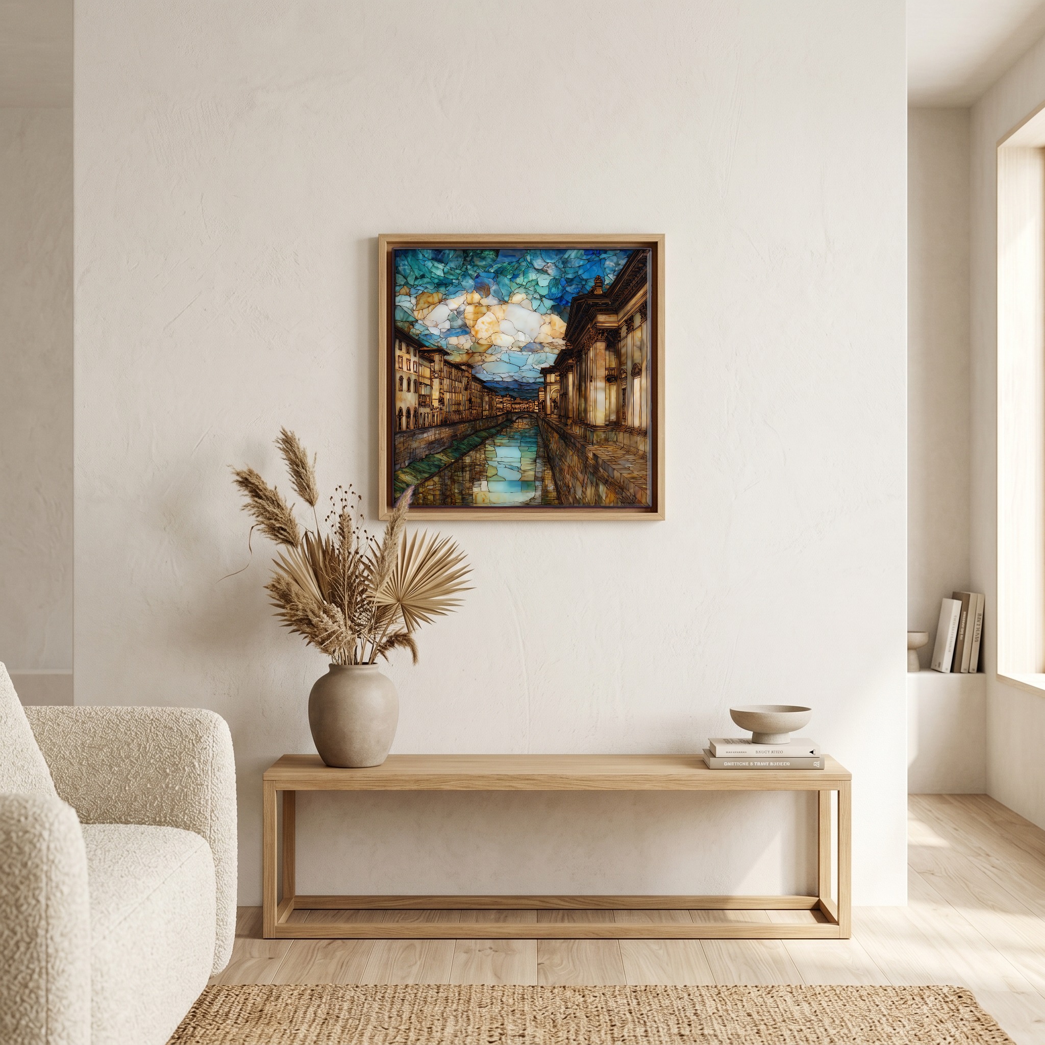 Above the bench, in a warm oak surround.