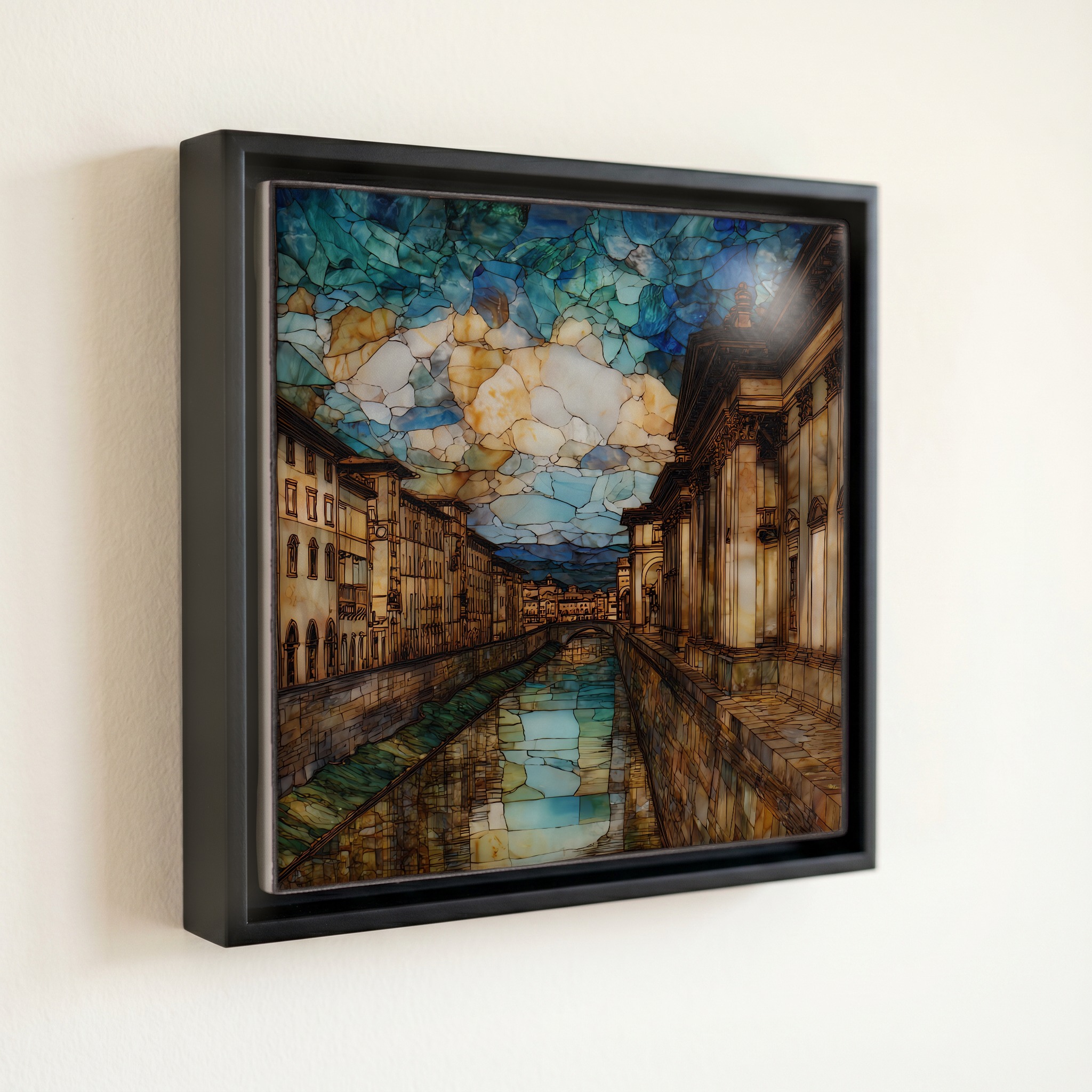 shown in a slim black floating frame · 6 × 6 in