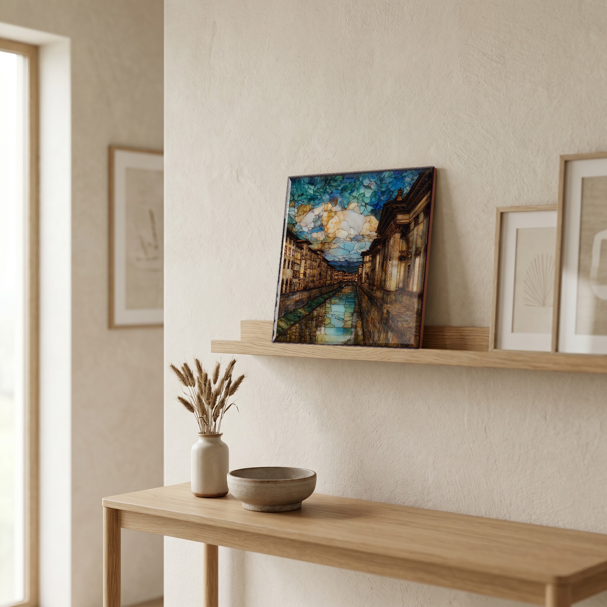 On a picture ledge, where the light comes in.