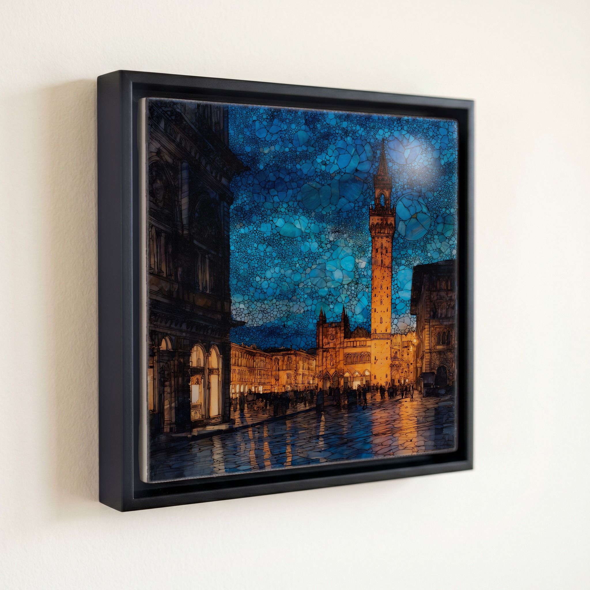 shown in a slim black floating frame · 6 × 6 in