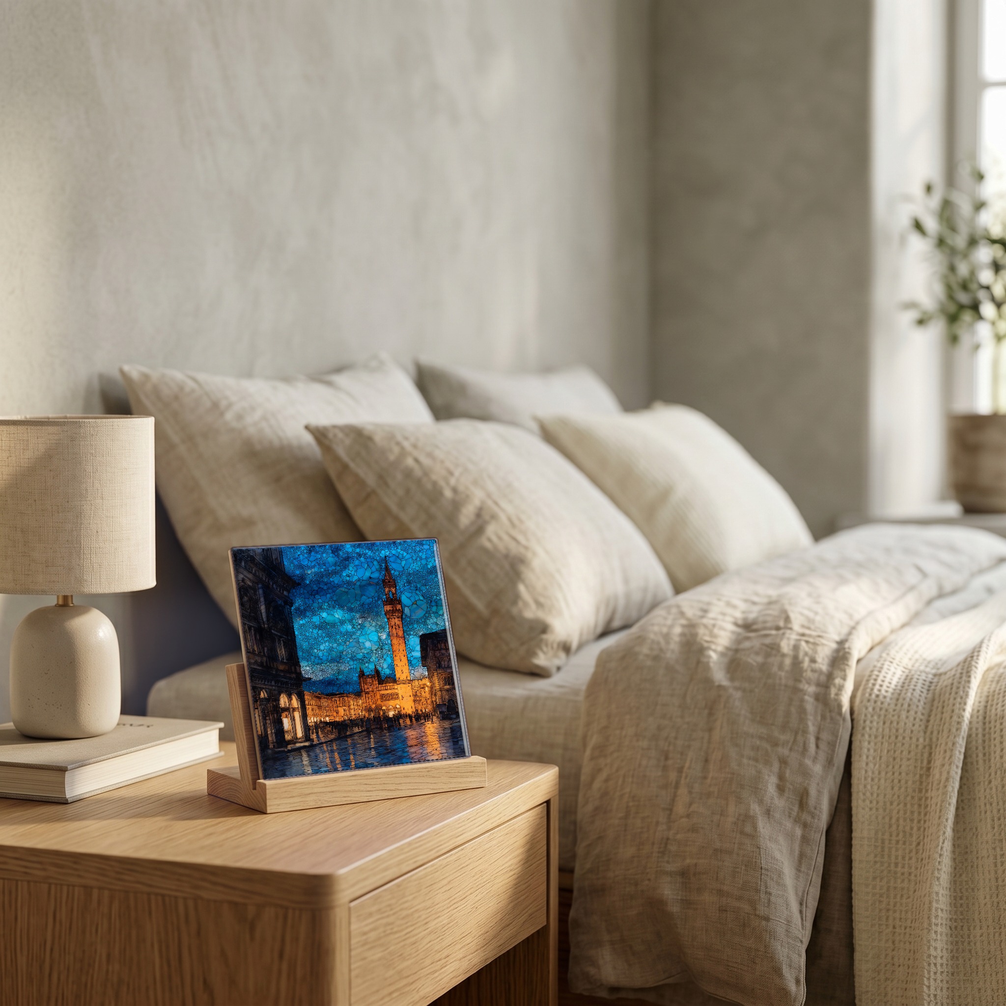 On the nightstand, on a light oak stand.