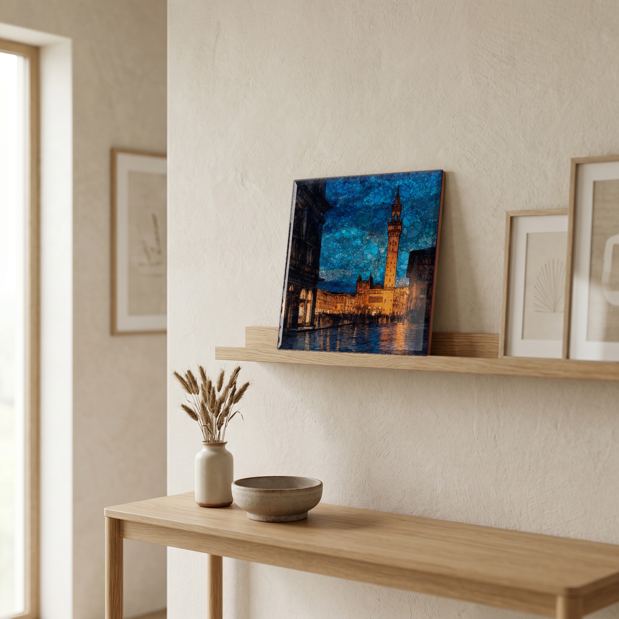 On a picture ledge, where the light comes in.
