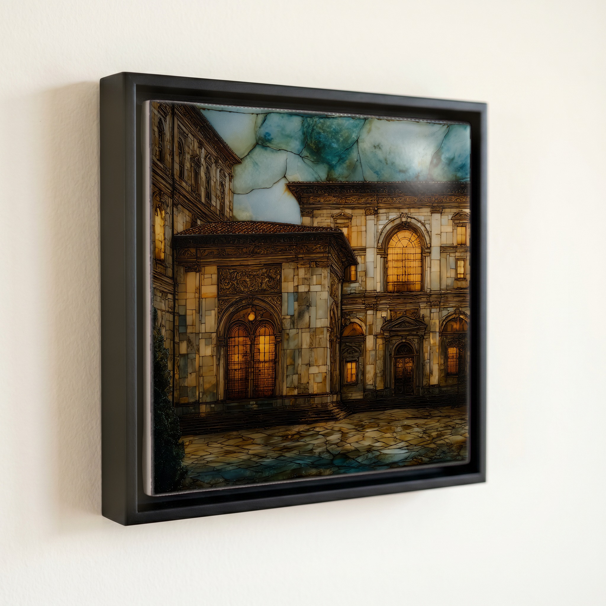 shown in a slim black floating frame · 6 × 6 in