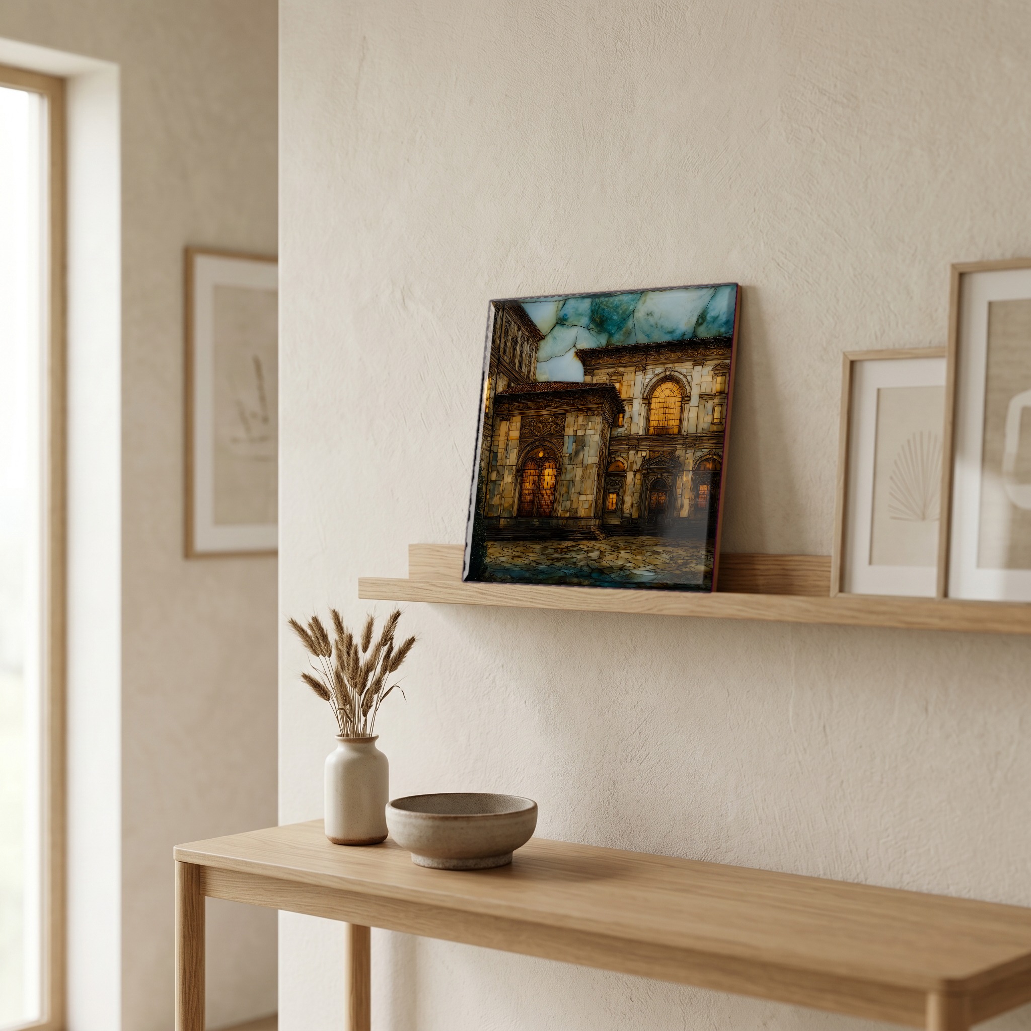 On a picture ledge, where the light comes in.