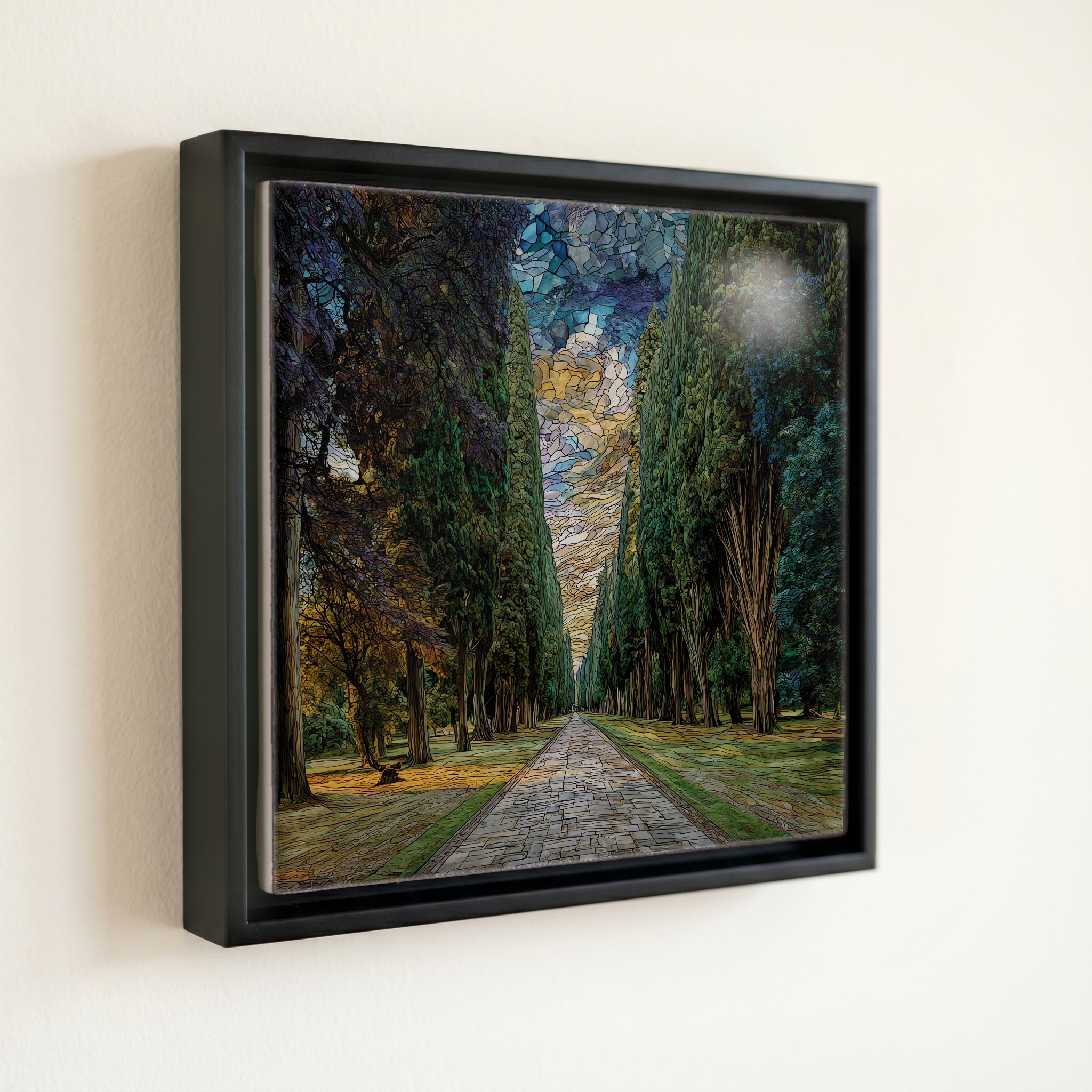 shown in a slim black floating frame · 6 × 6 in