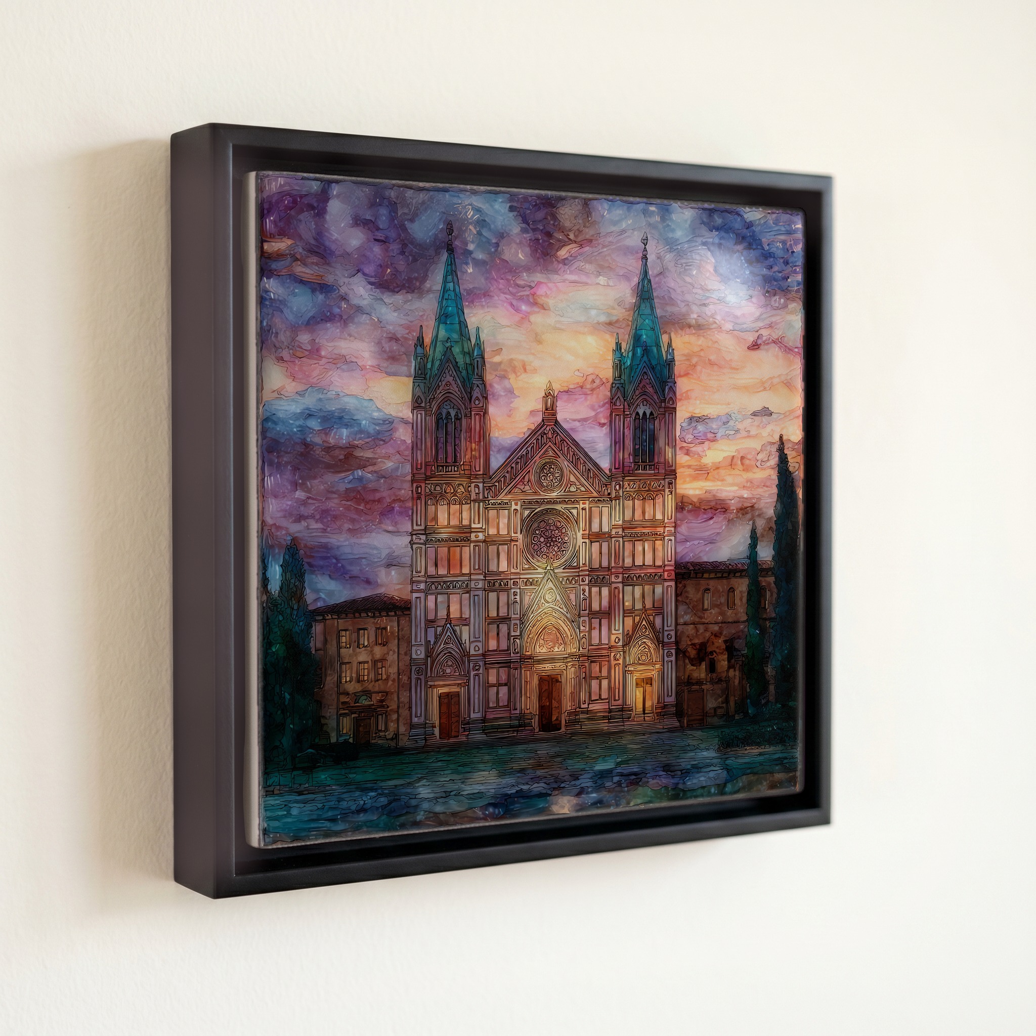 shown in a slim black floating frame · 6 × 6 in