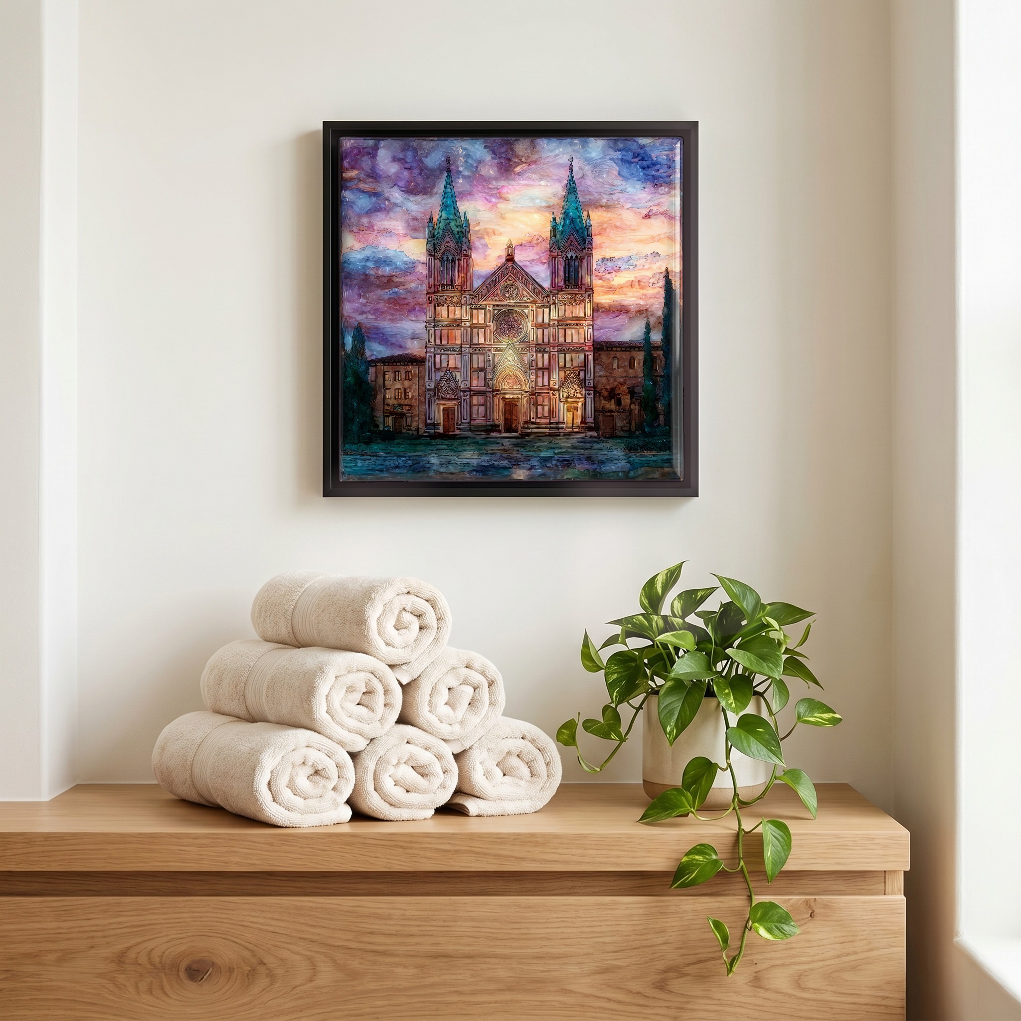 Above the linens, in a slim black surround.