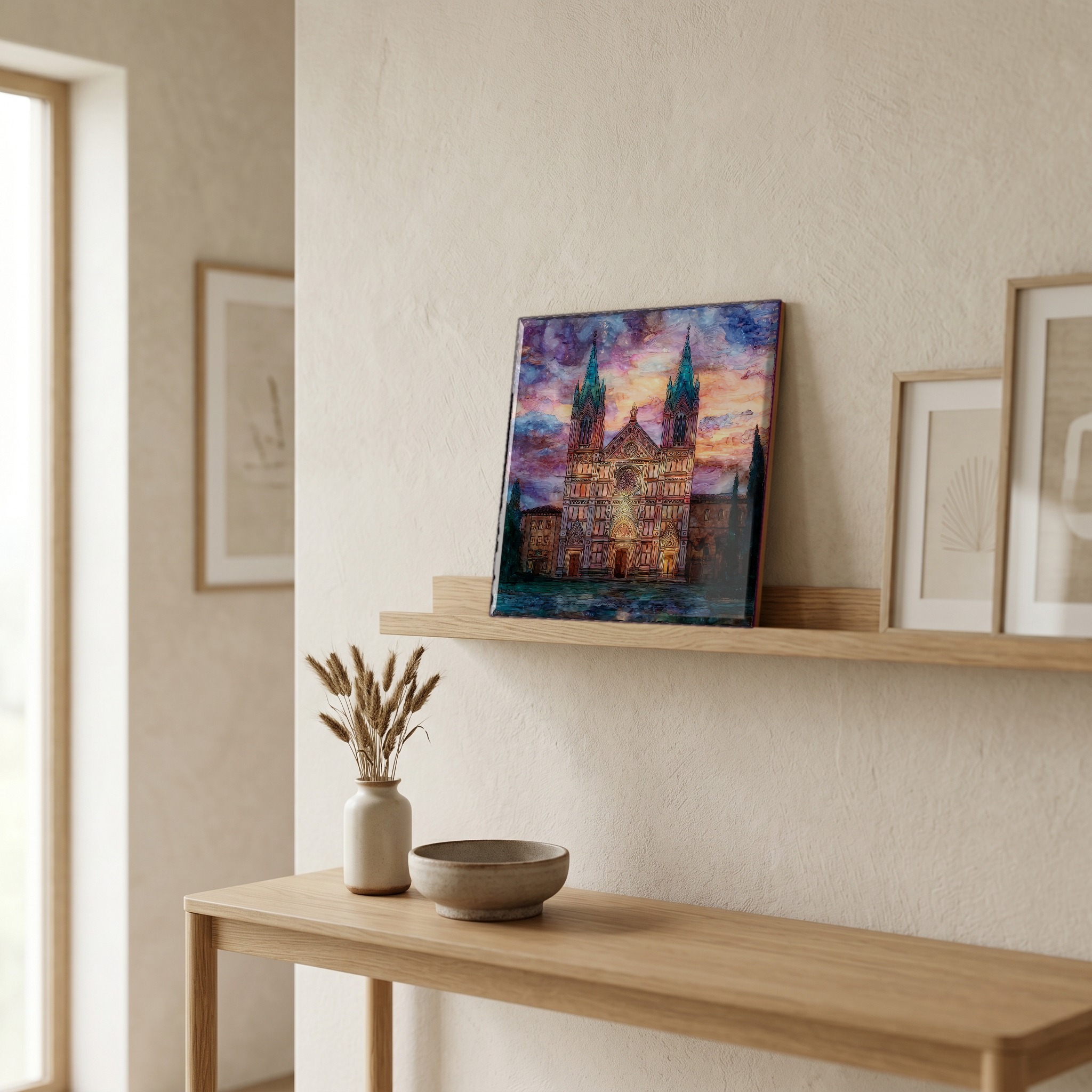 On a picture ledge, where the light comes in.