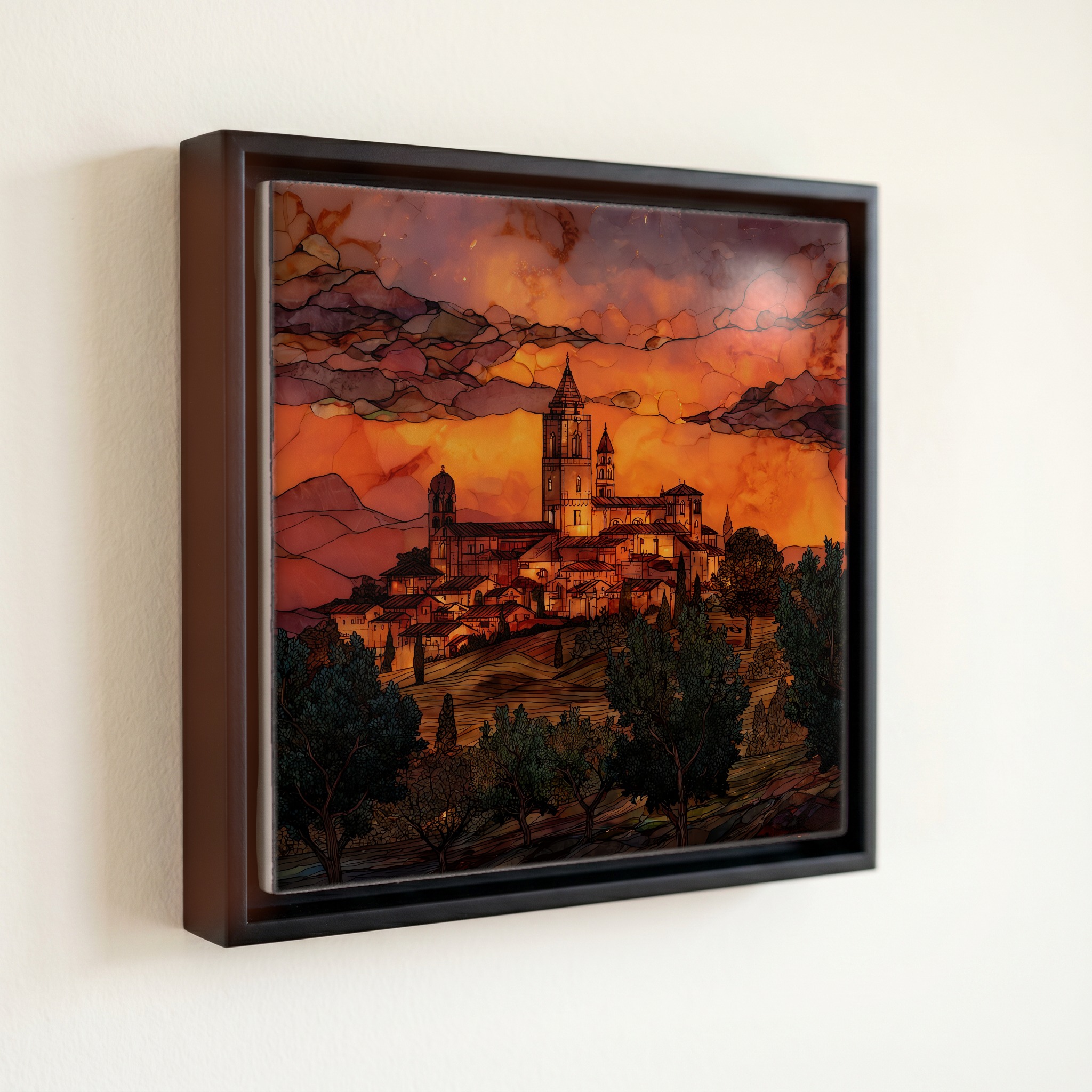 shown in a slim black floating frame · 6 × 6 in