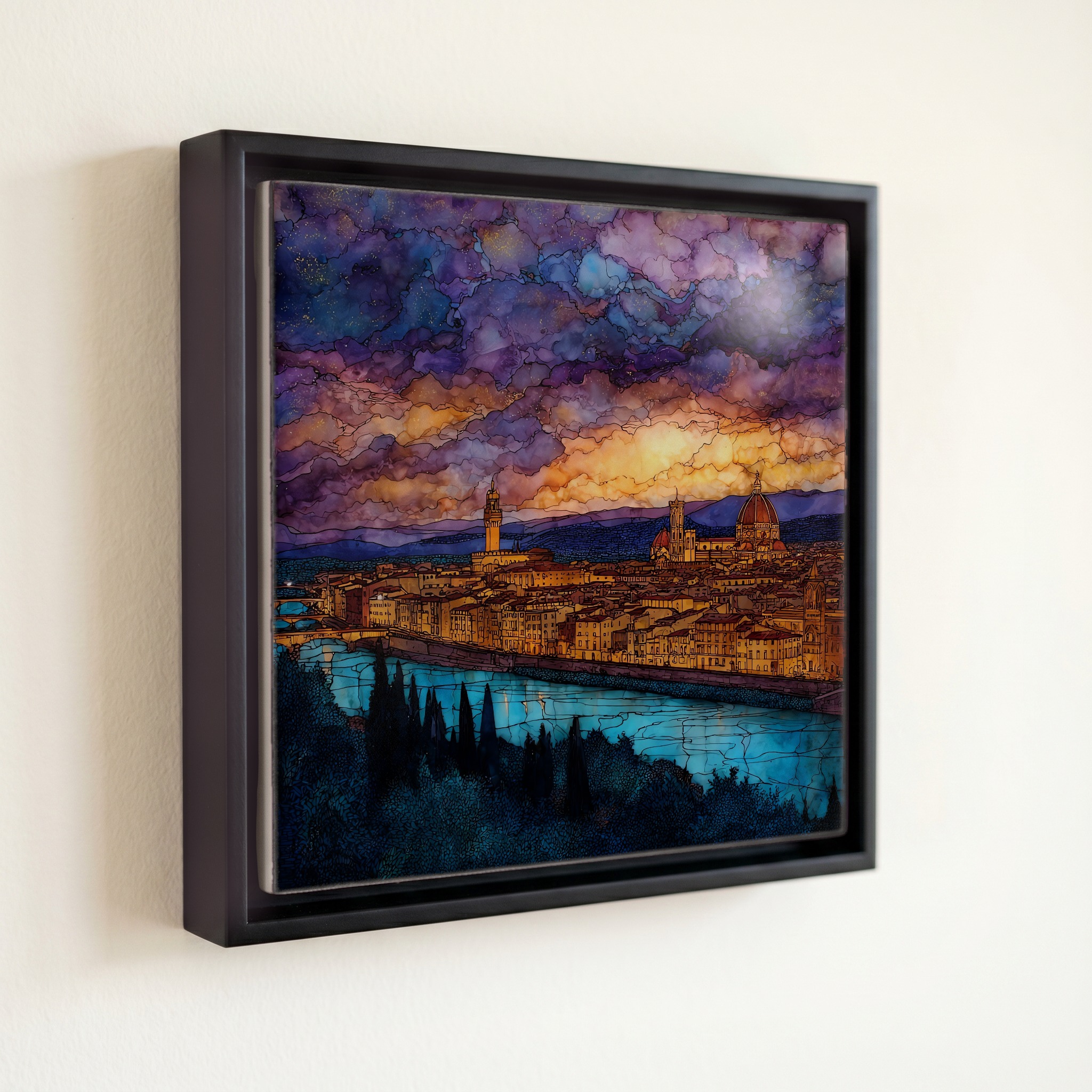 shown in a slim black floating frame · 6 × 6 in
