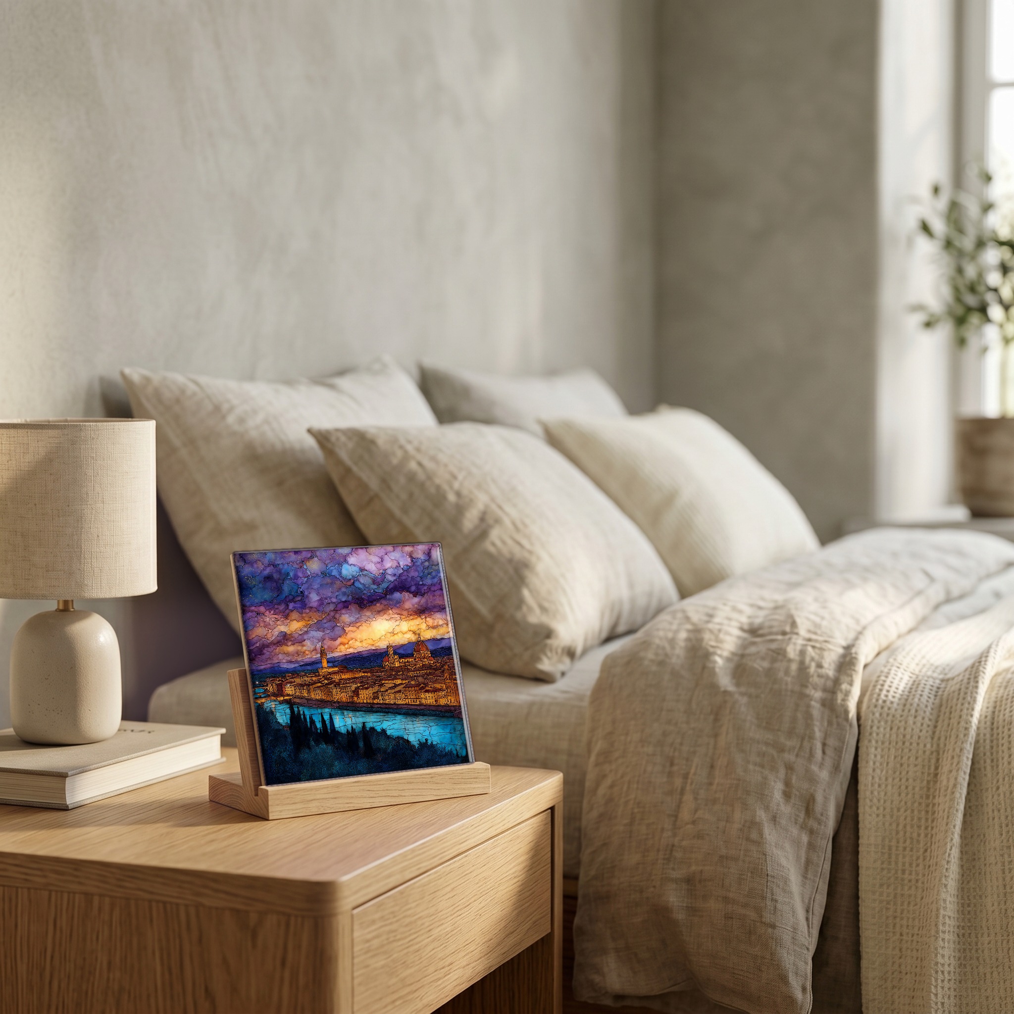 On the nightstand, on a light oak stand.