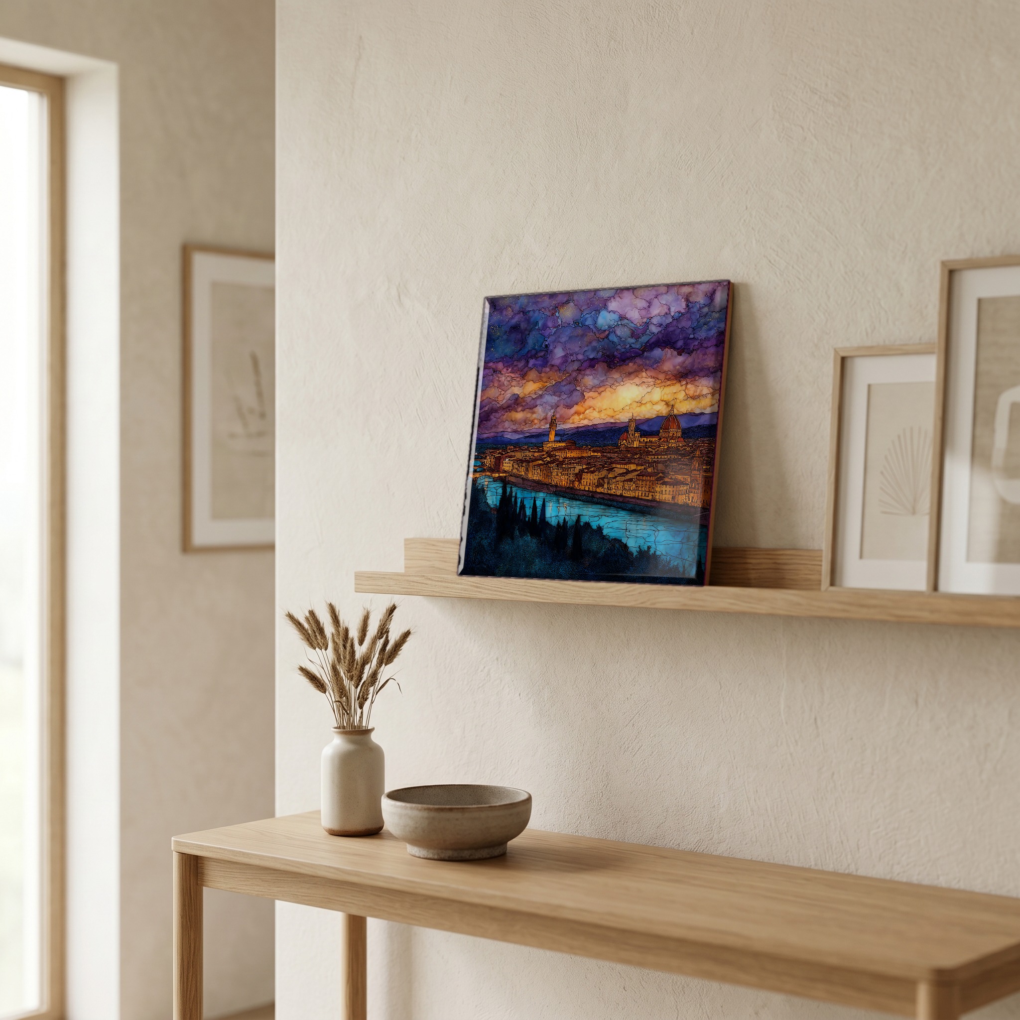 On a picture ledge, where the light comes in.