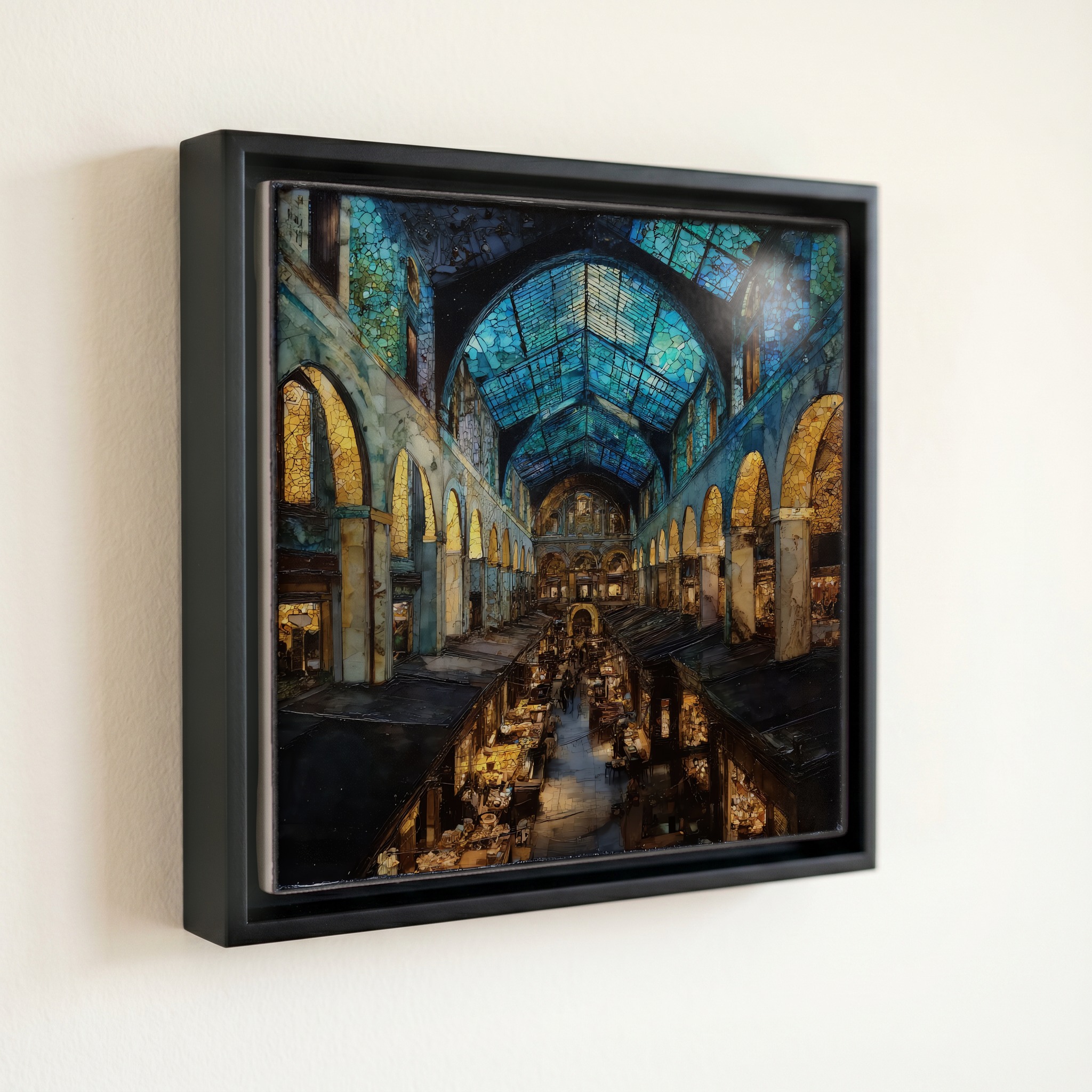 shown in a slim black floating frame · 6 × 6 in