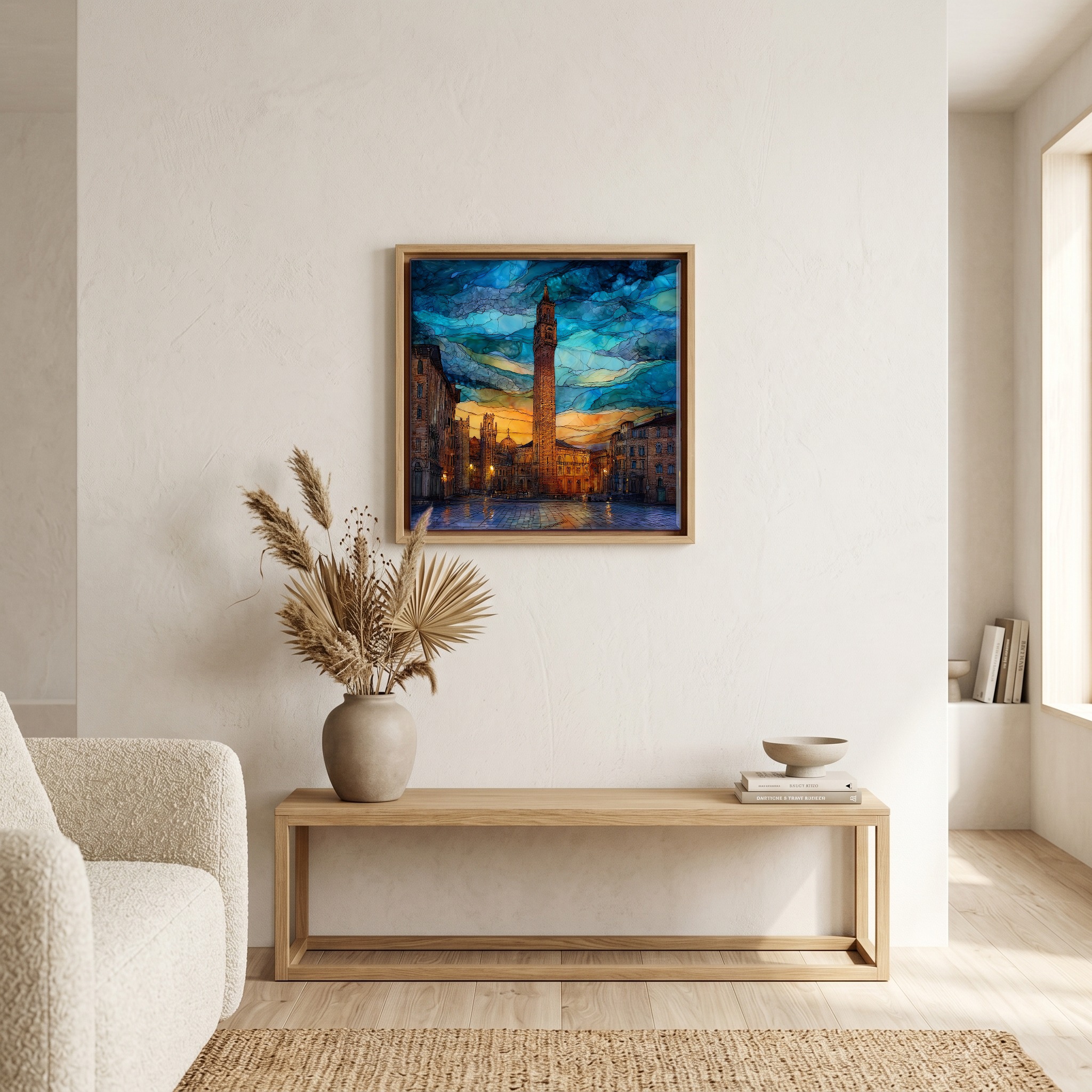 Above the bench, in a warm oak surround.