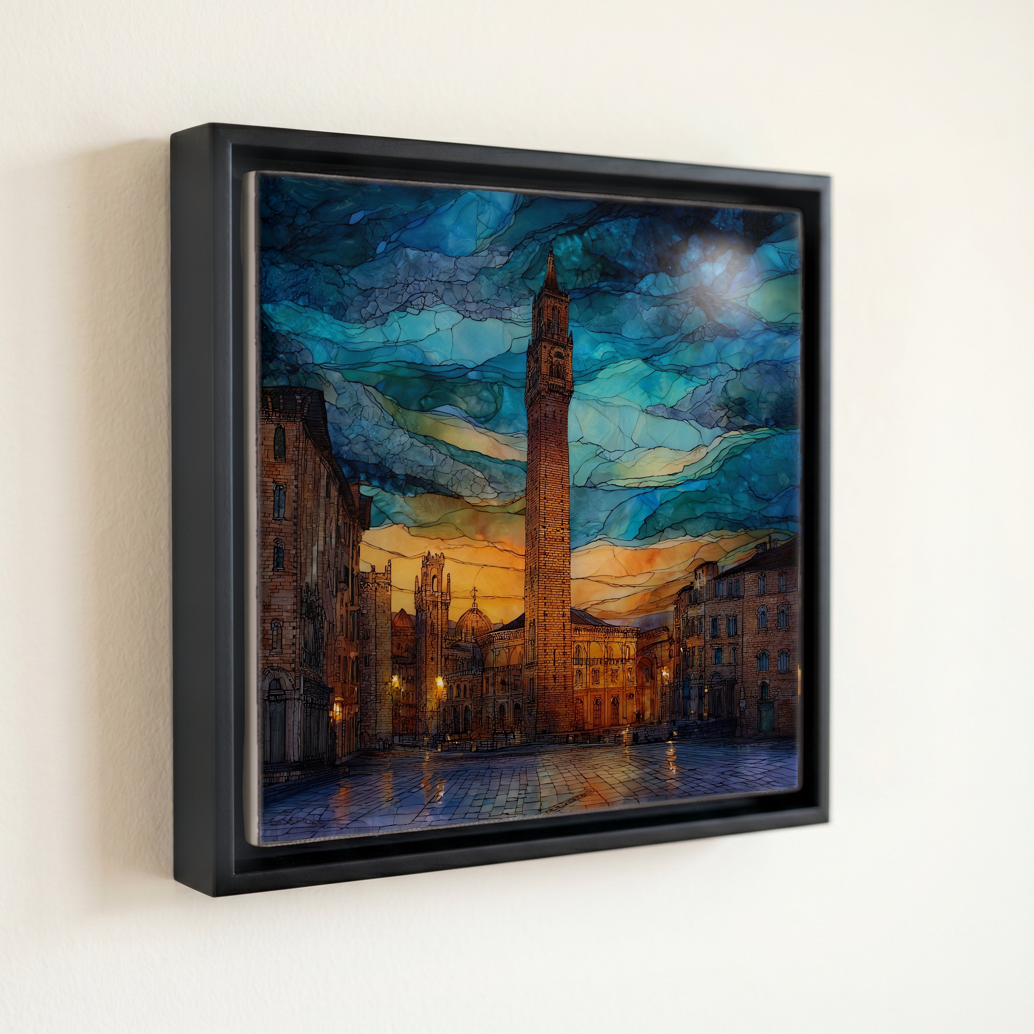 shown in a slim black floating frame · 6 × 6 in