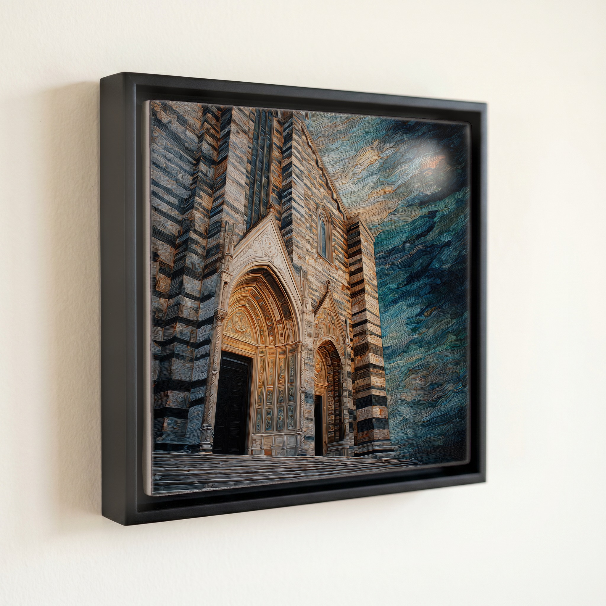 shown in a slim black floating frame · 6 × 6 in