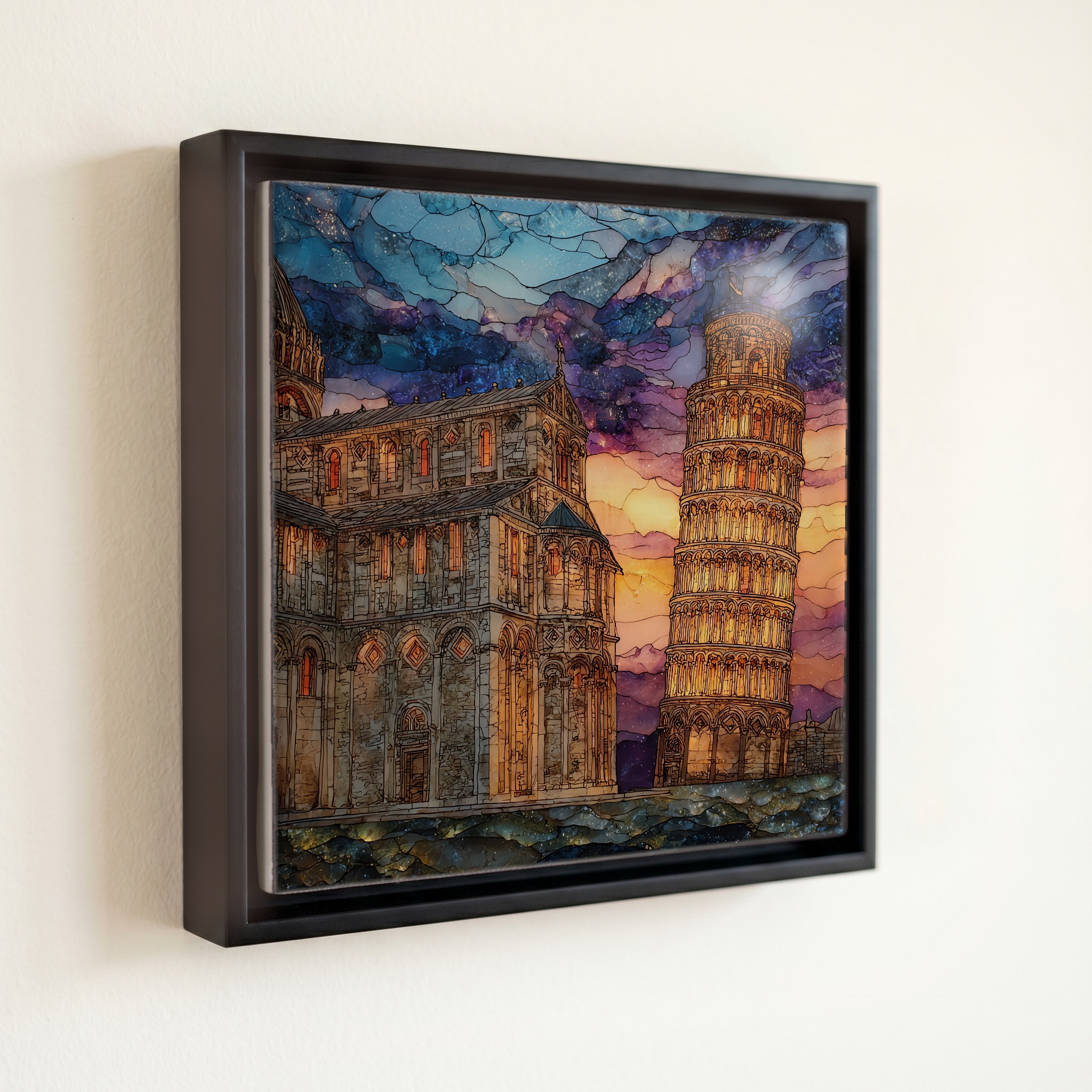 shown in a slim black floating frame · 6 × 6 in
