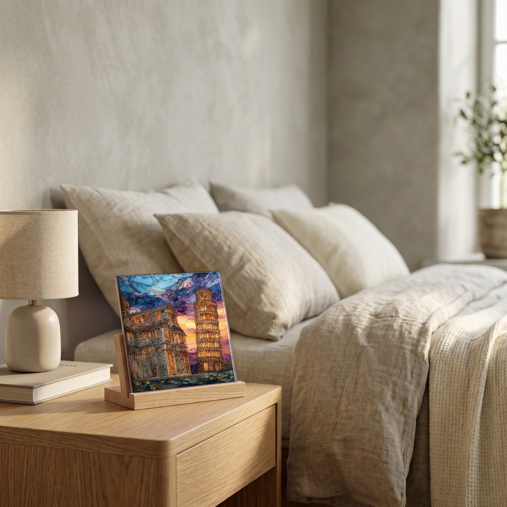 On the nightstand, on a light oak stand.