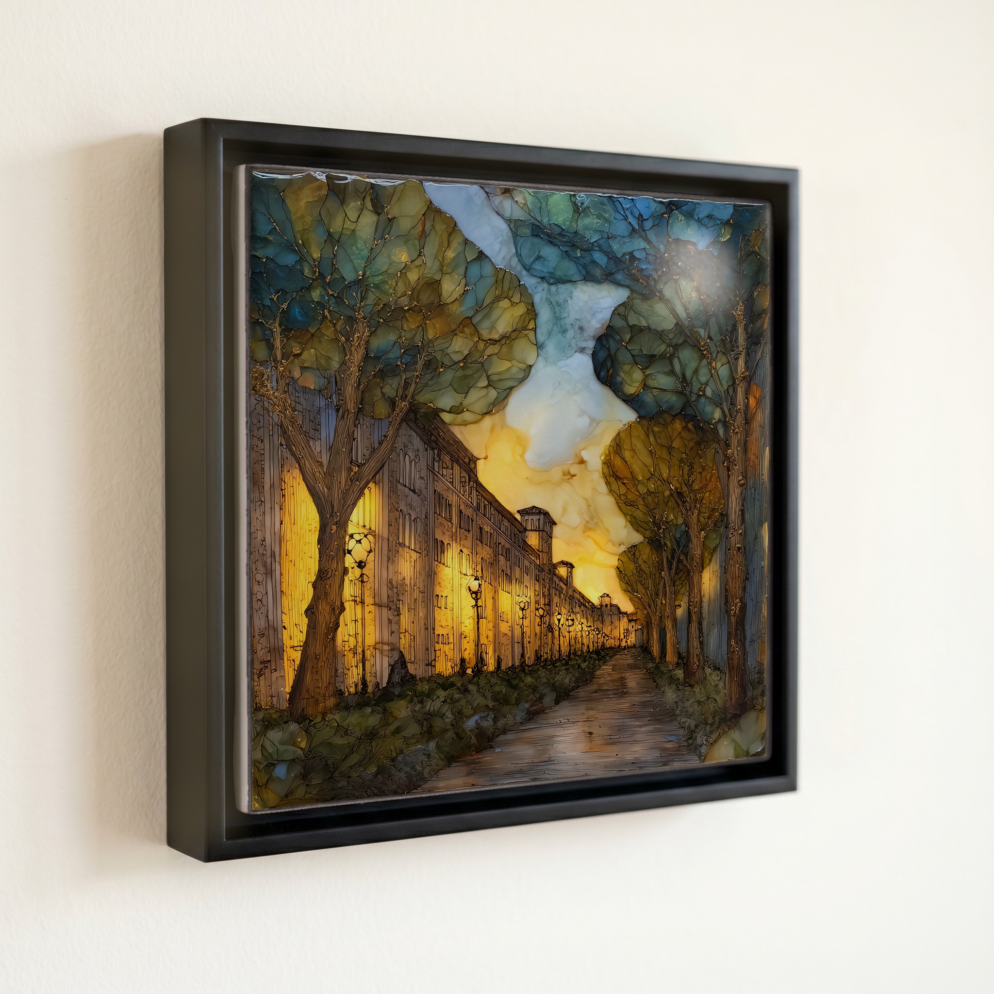 shown in a slim black floating frame · 6 × 6 in
