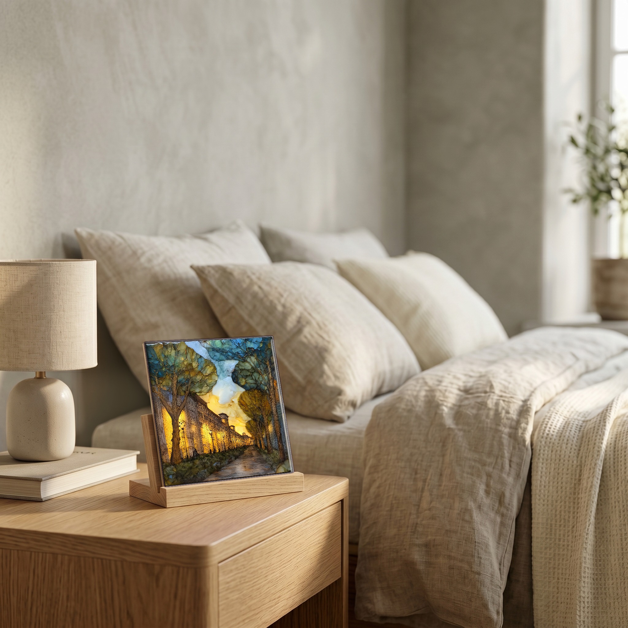 On the nightstand, on a light oak stand.