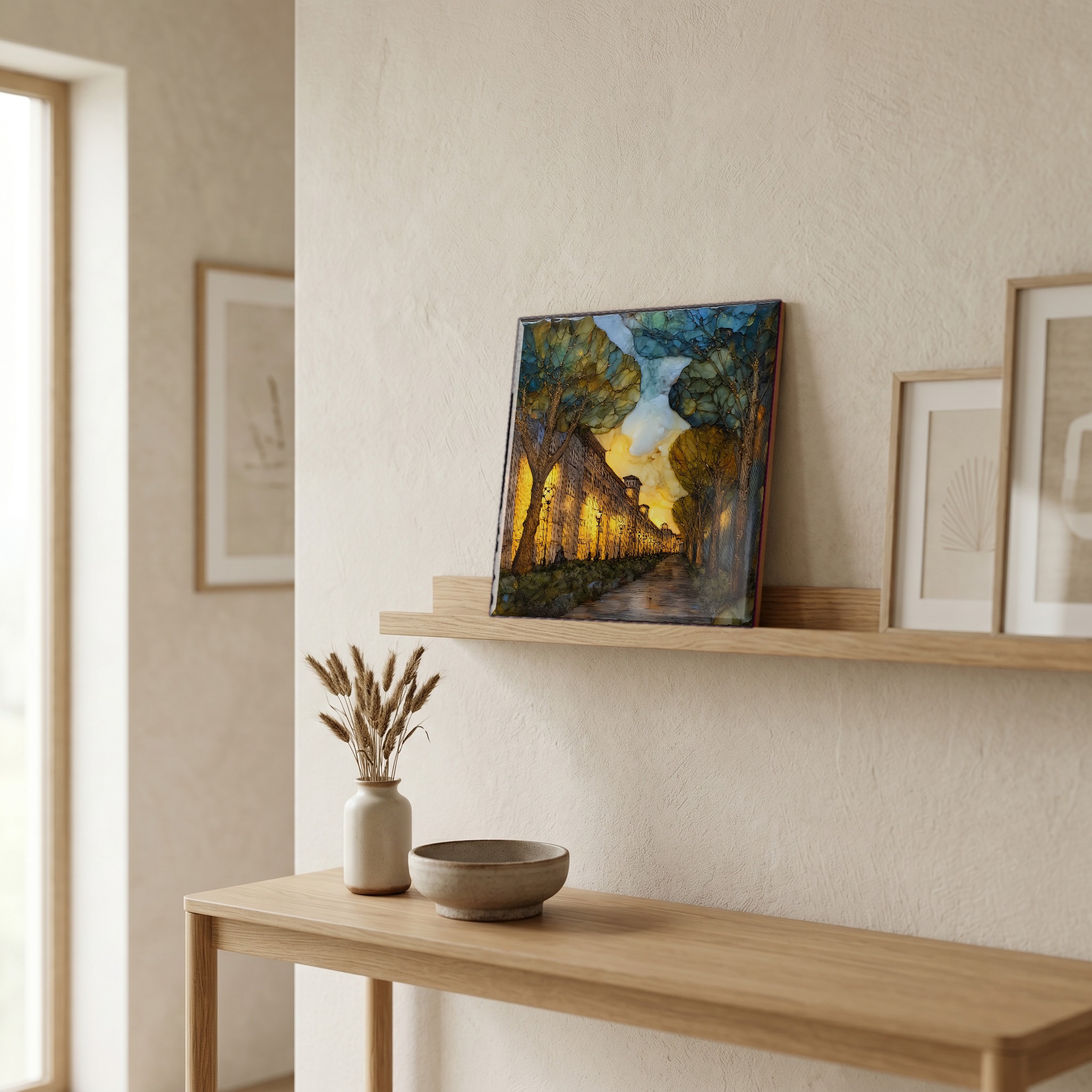 On a picture ledge, where the light comes in.