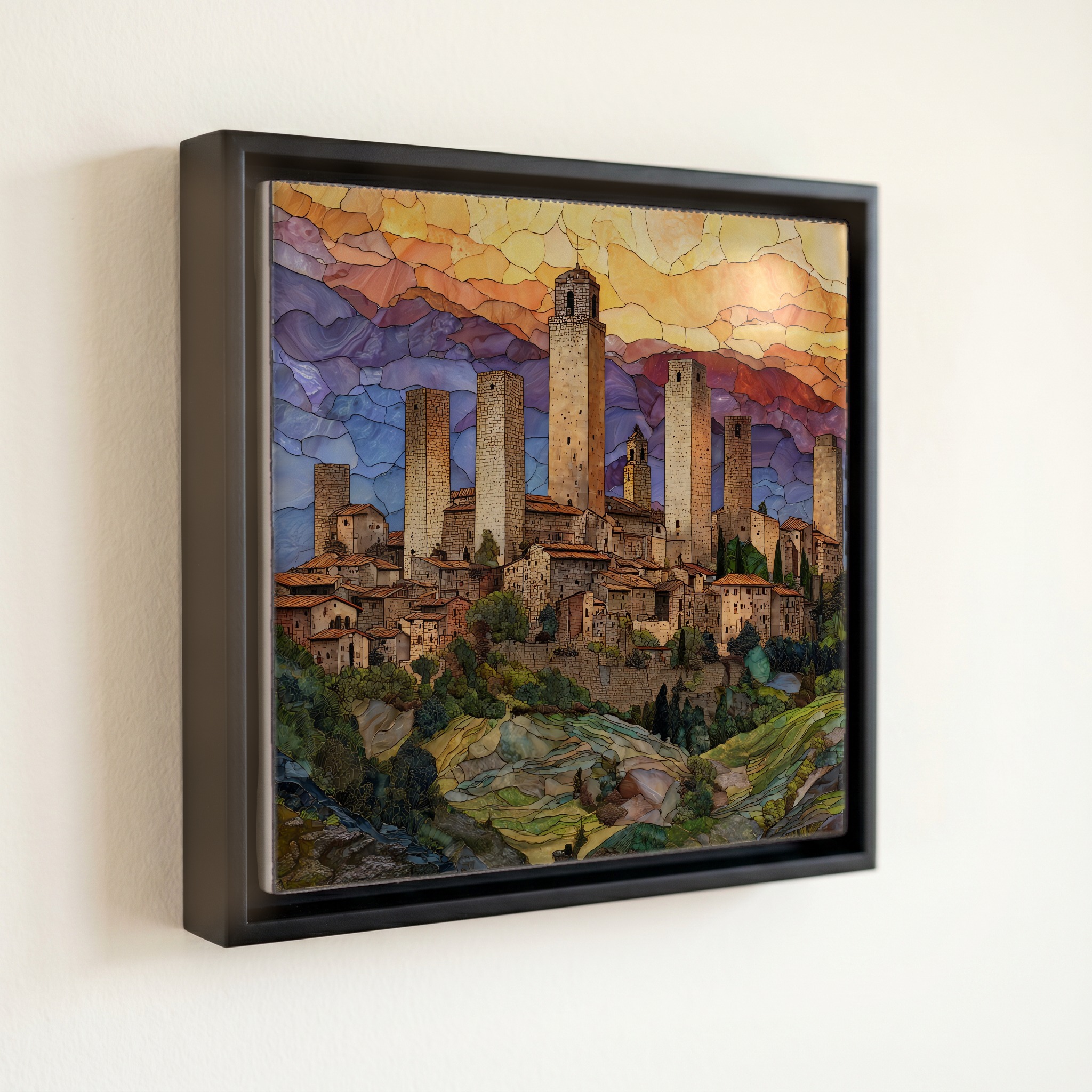 shown in a slim black floating frame · 6 × 6 in
