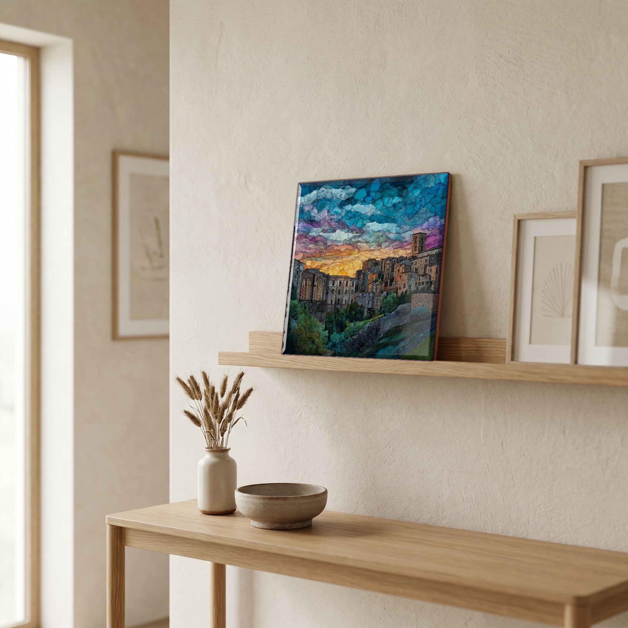 On a picture ledge, where the light comes in.