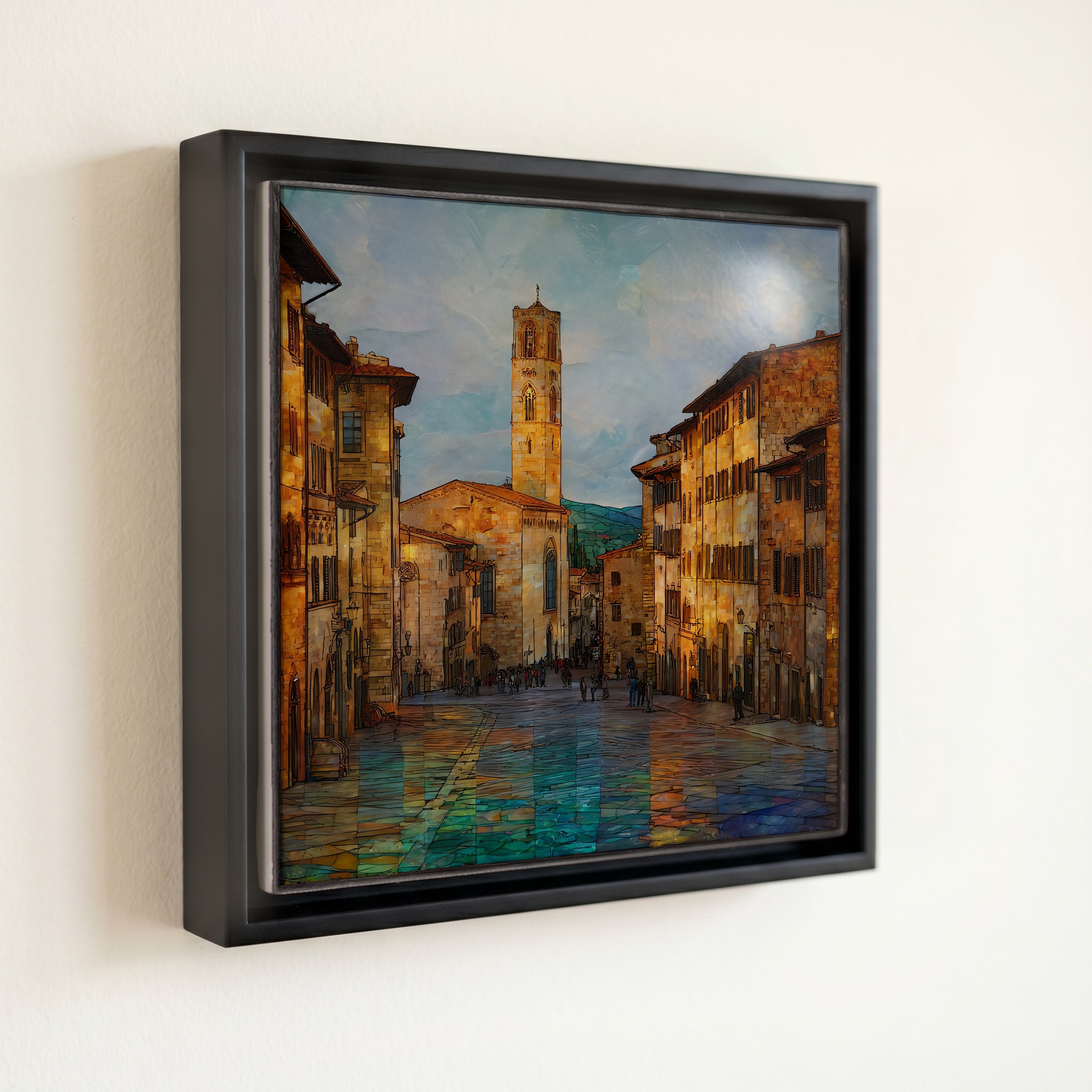 shown in a slim black floating frame · 6 × 6 in