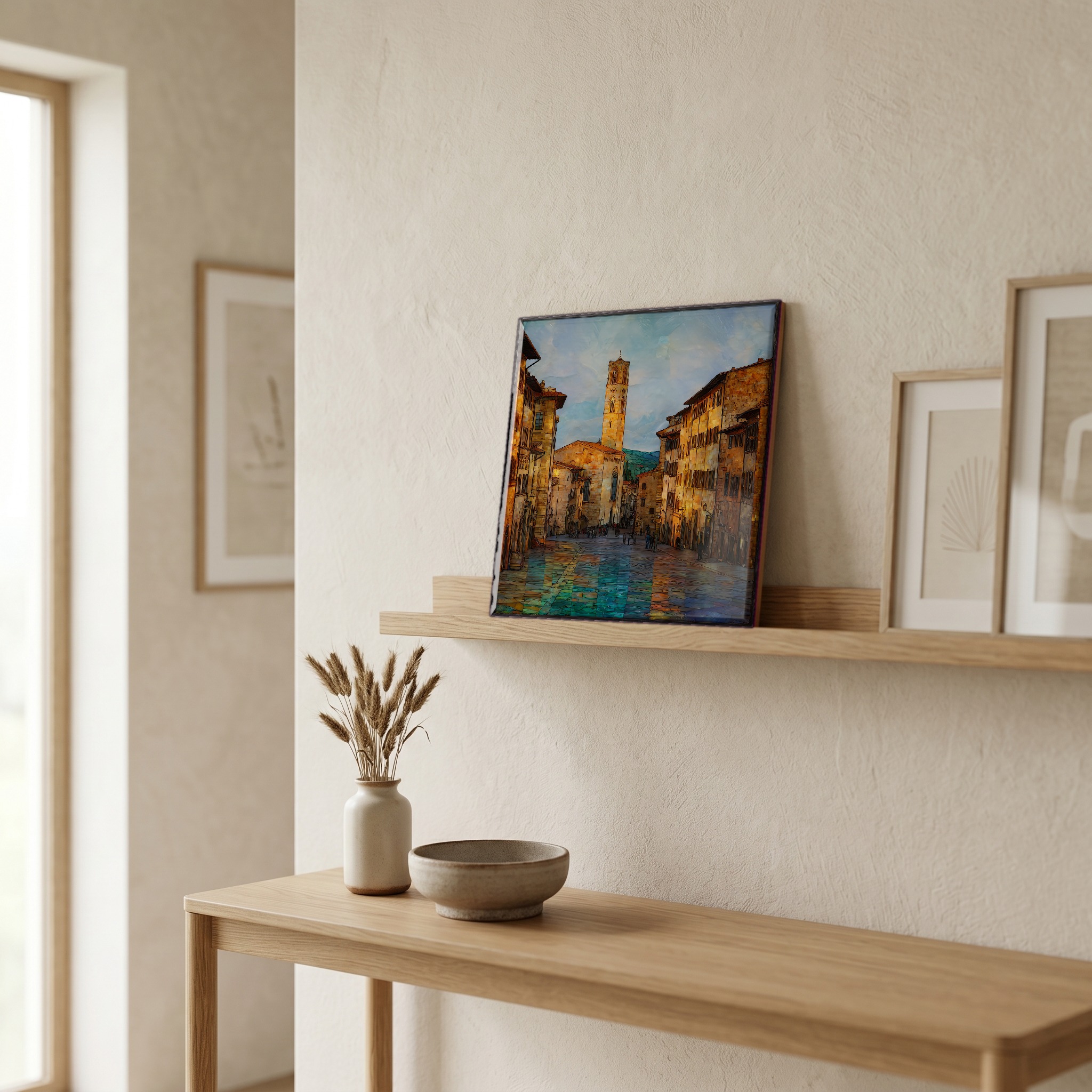 On a picture ledge, where the light comes in.