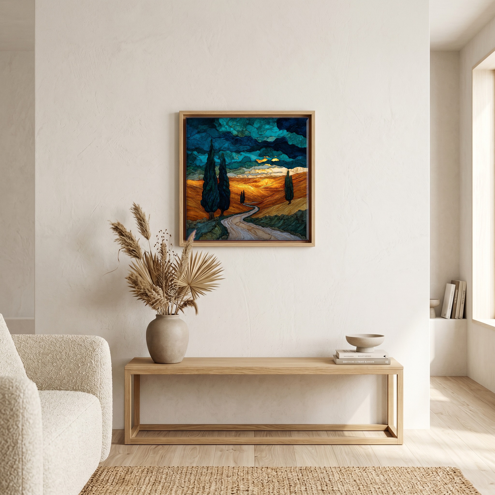 Above the bench, in a warm oak surround.
