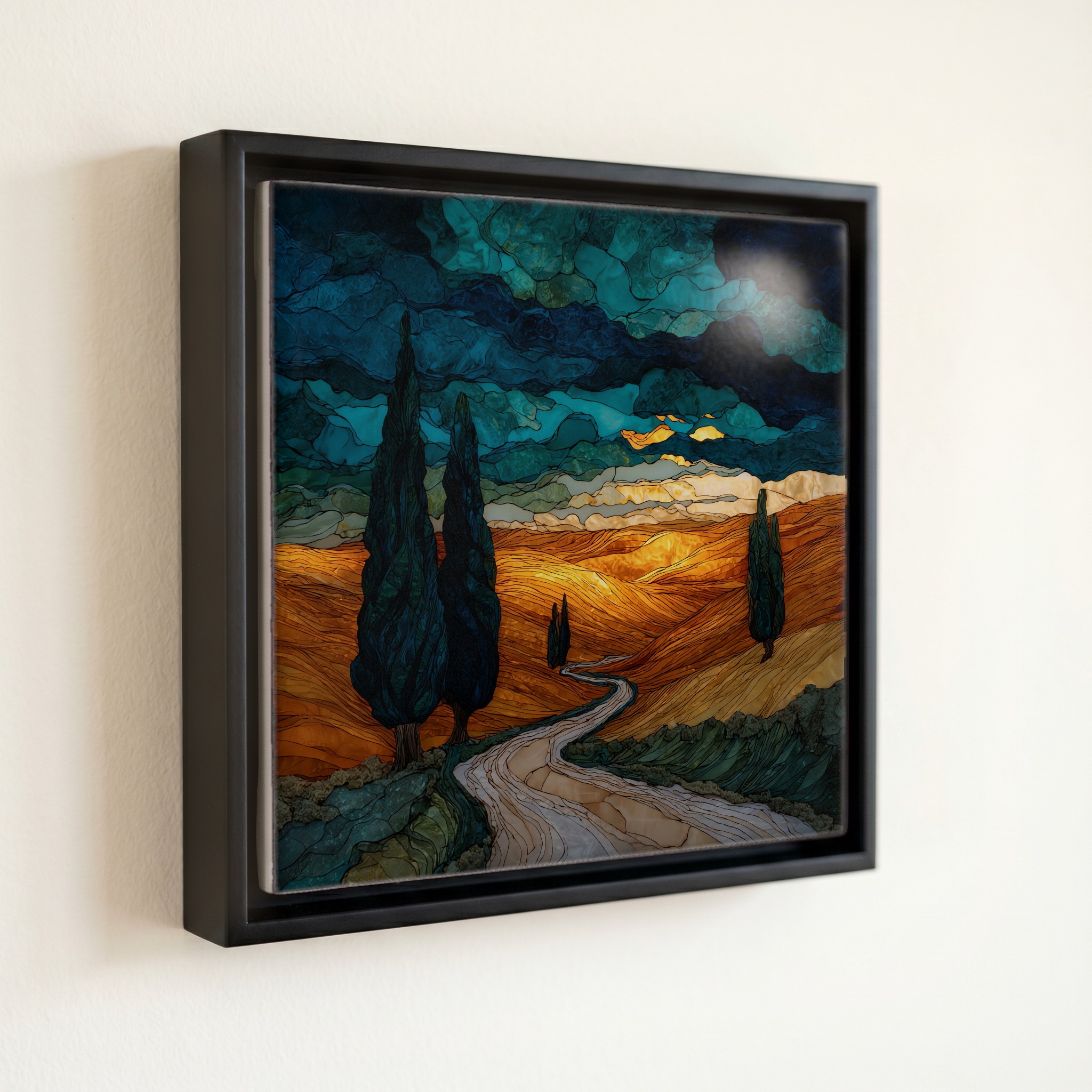 shown in a slim black floating frame · 6 × 6 in