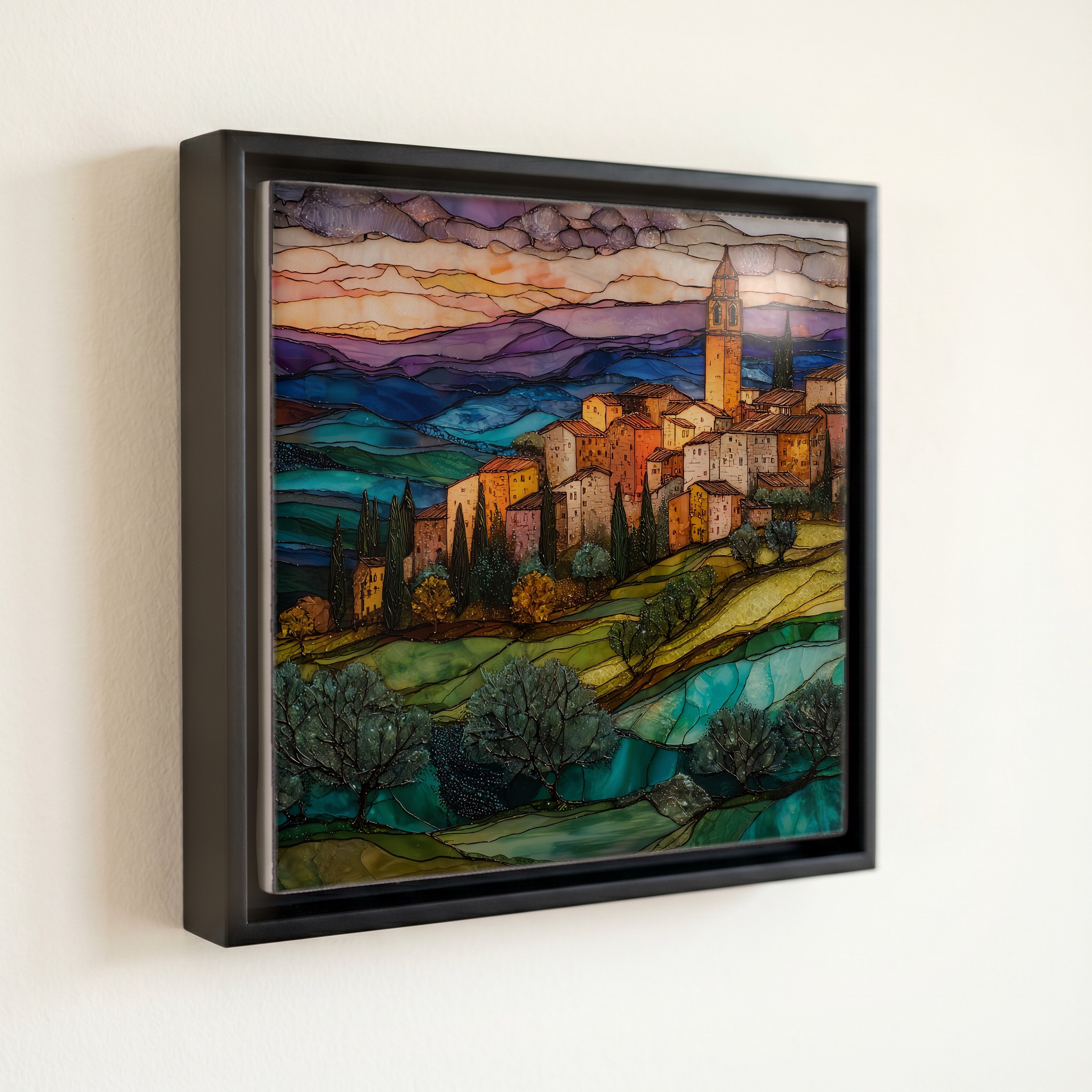 shown in a slim black floating frame · 6 × 6 in