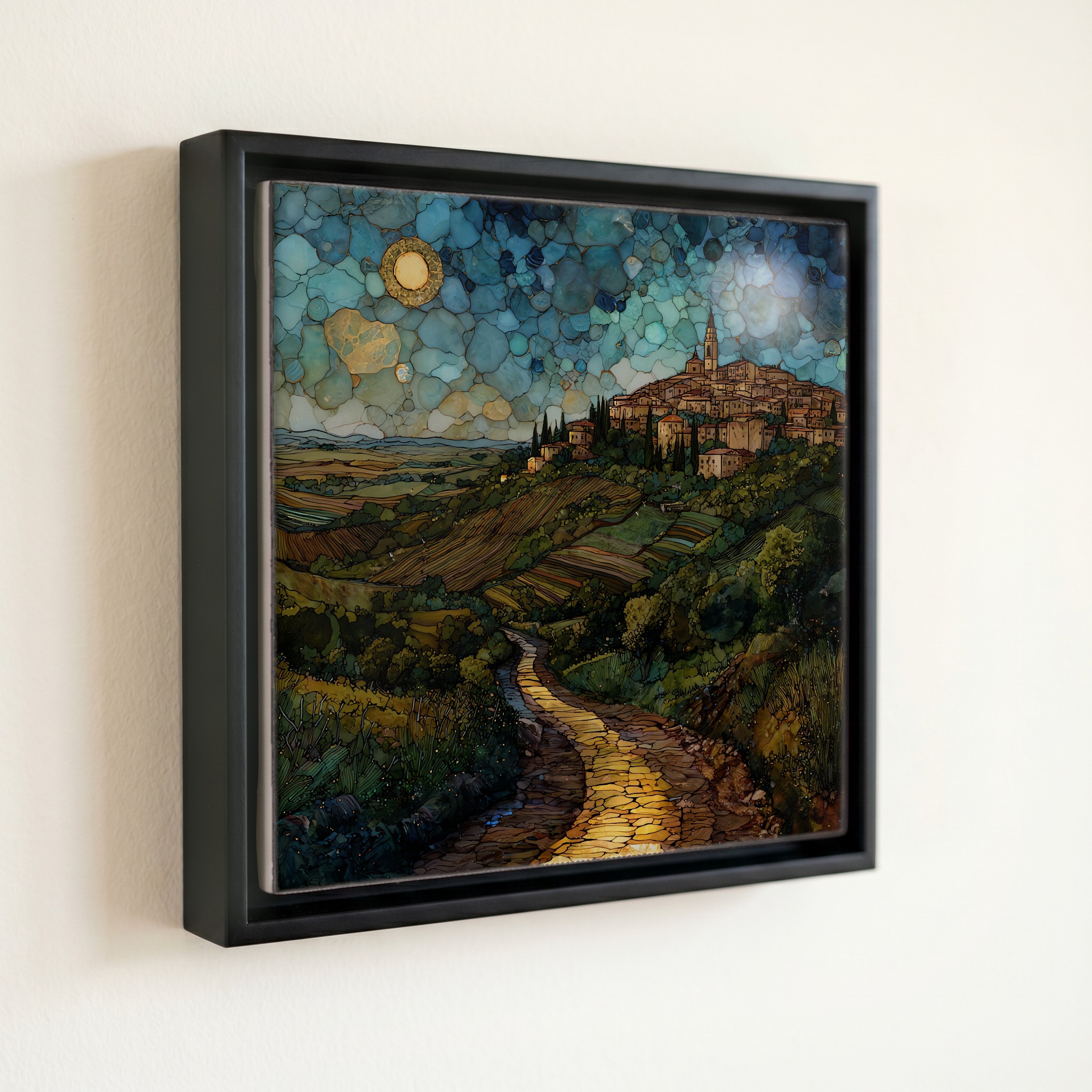 shown in a slim black floating frame · 6 × 6 in