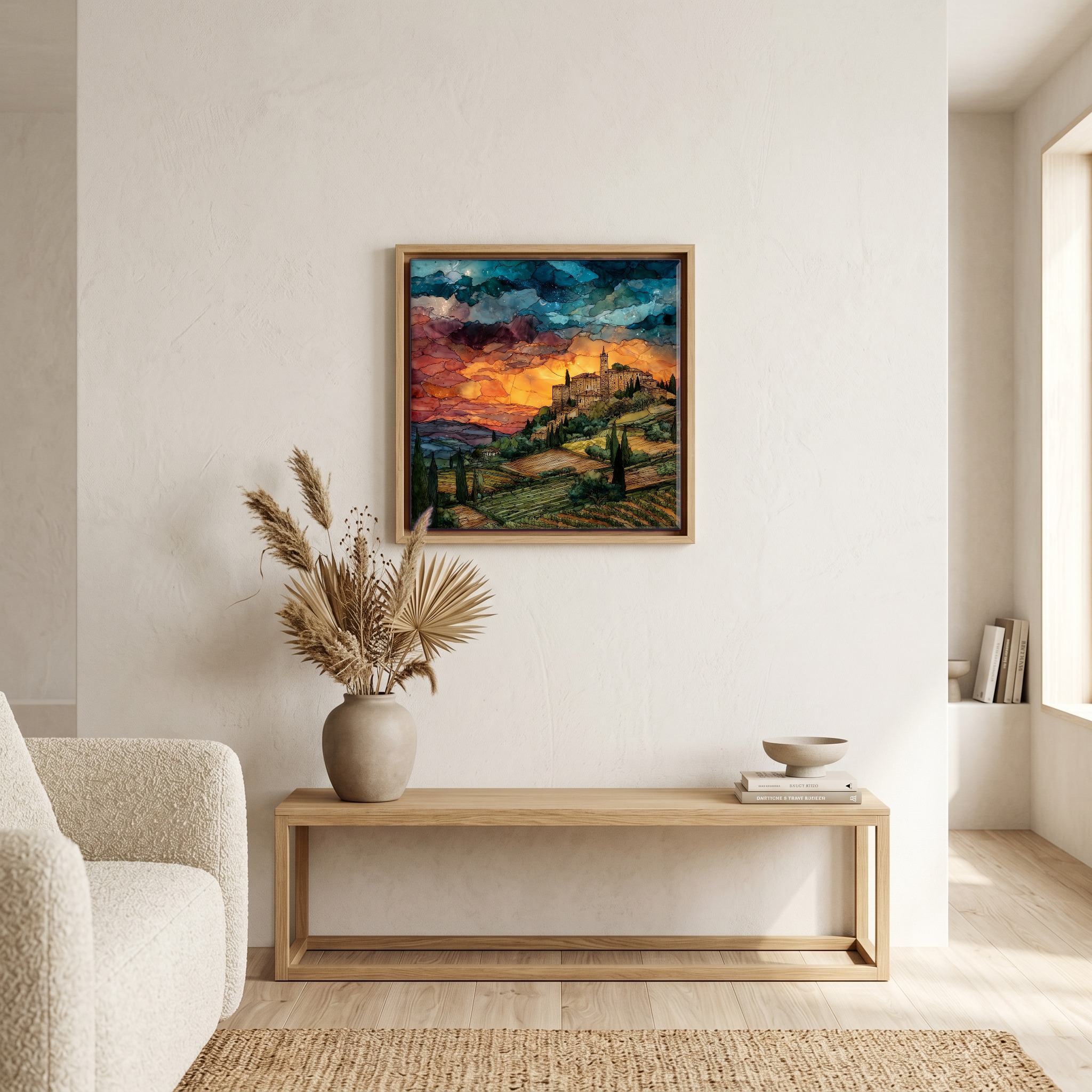Above the bench, in a warm oak surround.