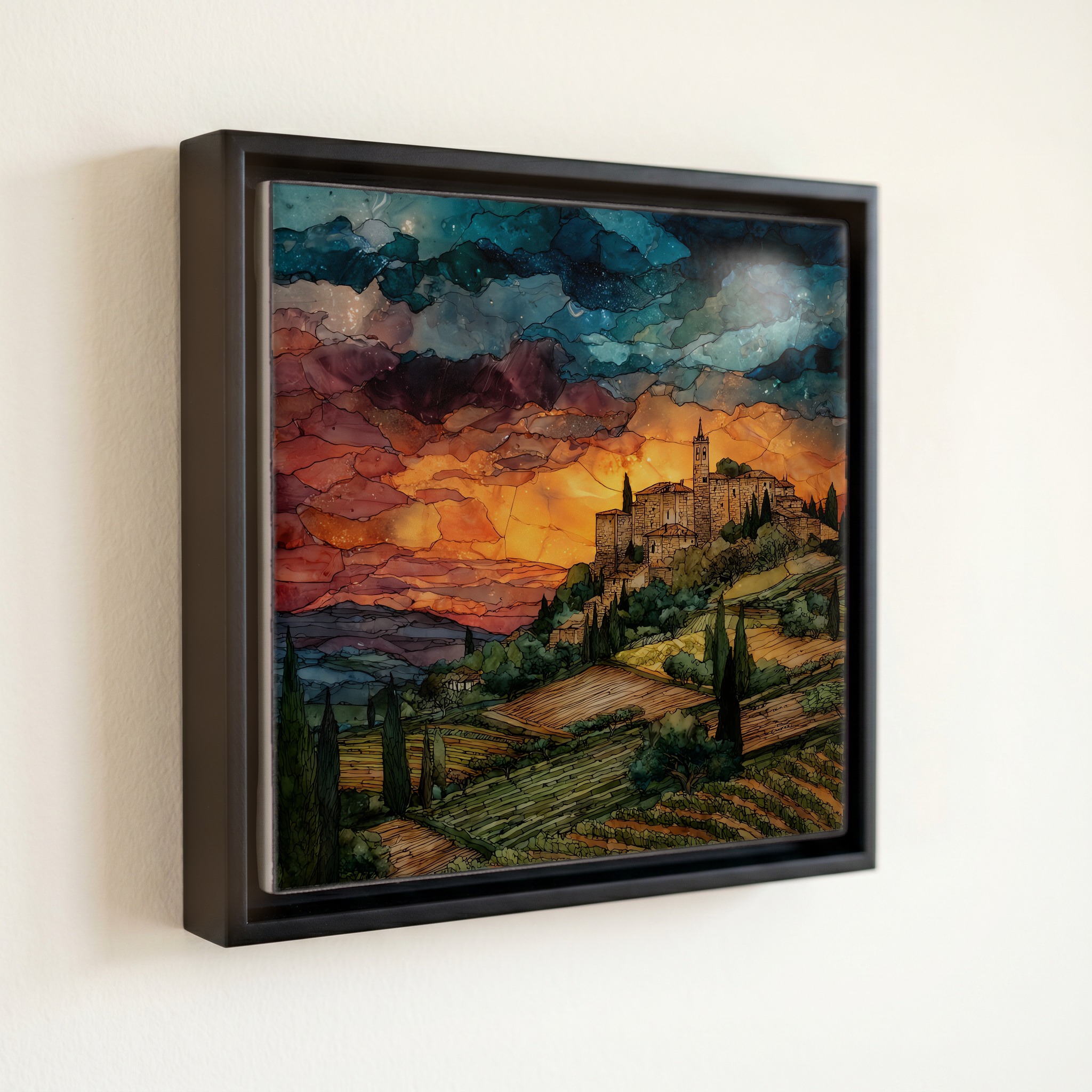 shown in a slim black floating frame · 6 × 6 in