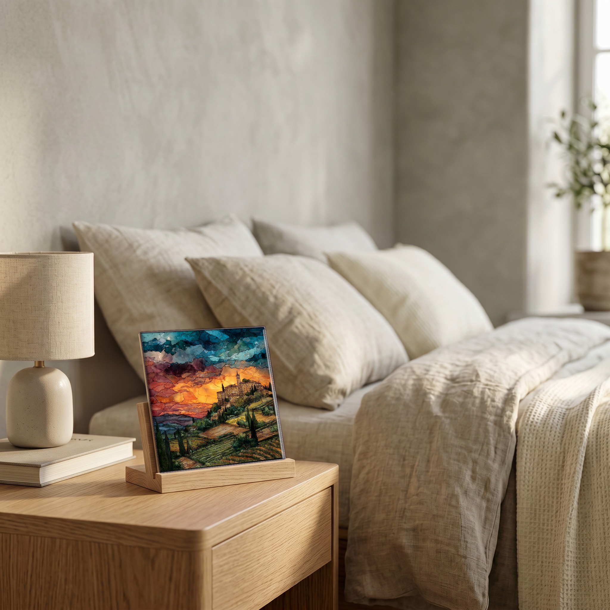 On the nightstand, on a light oak stand.