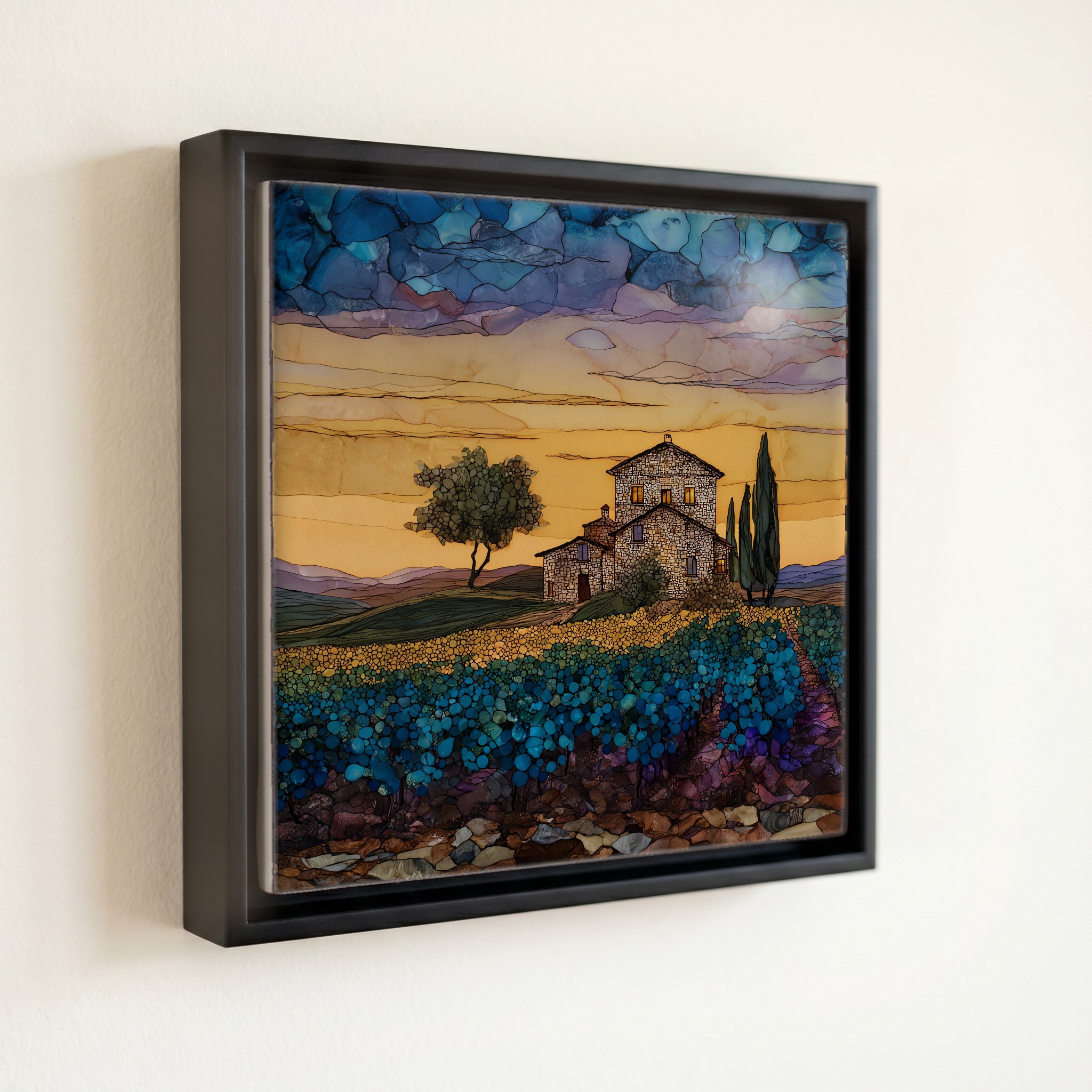 shown in a slim black floating frame · 6 × 6 in
