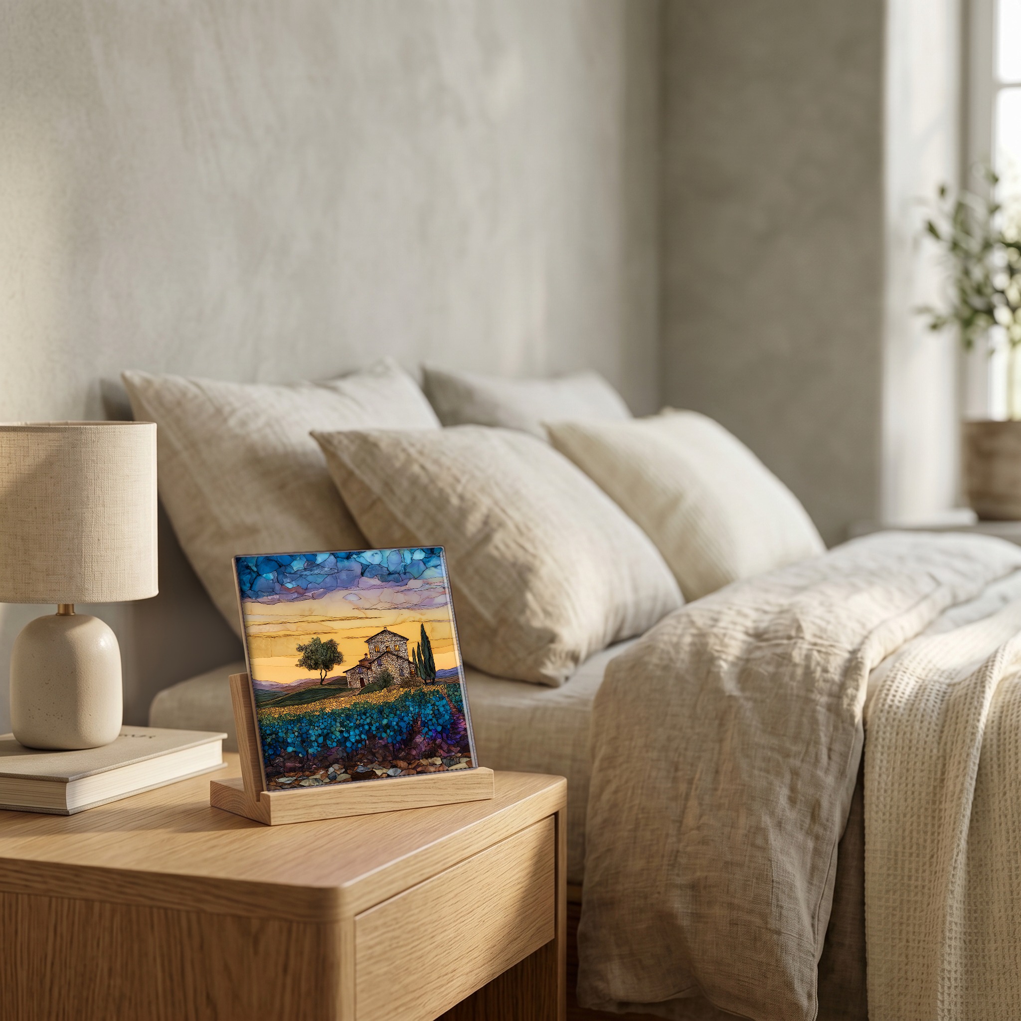 On the nightstand, on a light oak stand.