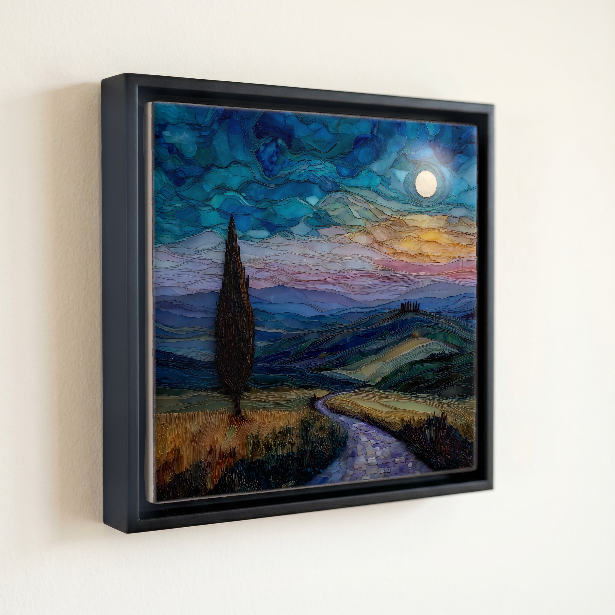 shown in a slim black floating frame · 6 × 6 in