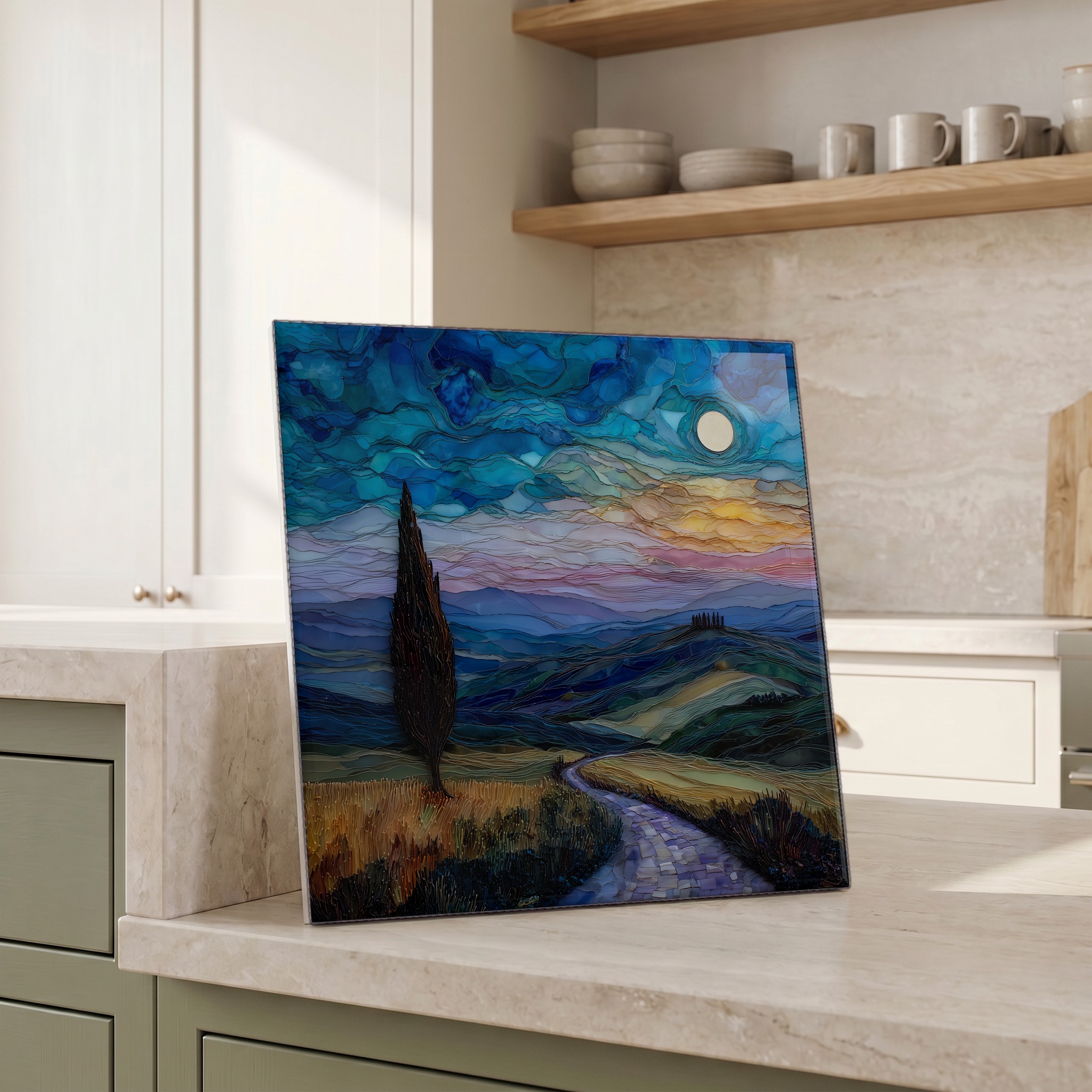Beside the kettle, propped on the counter.